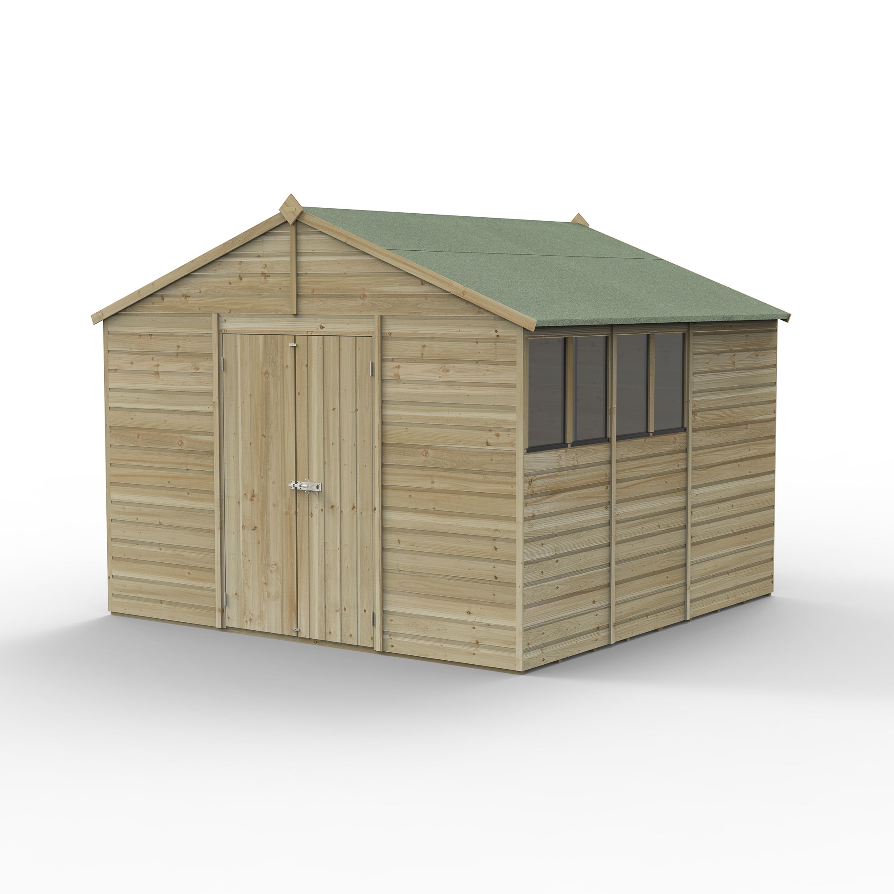 Forest Garden Beckwood 10x10 ft Apex Natural timber Wooden 2 door Shed with floor & 4 windows - Assembly not required