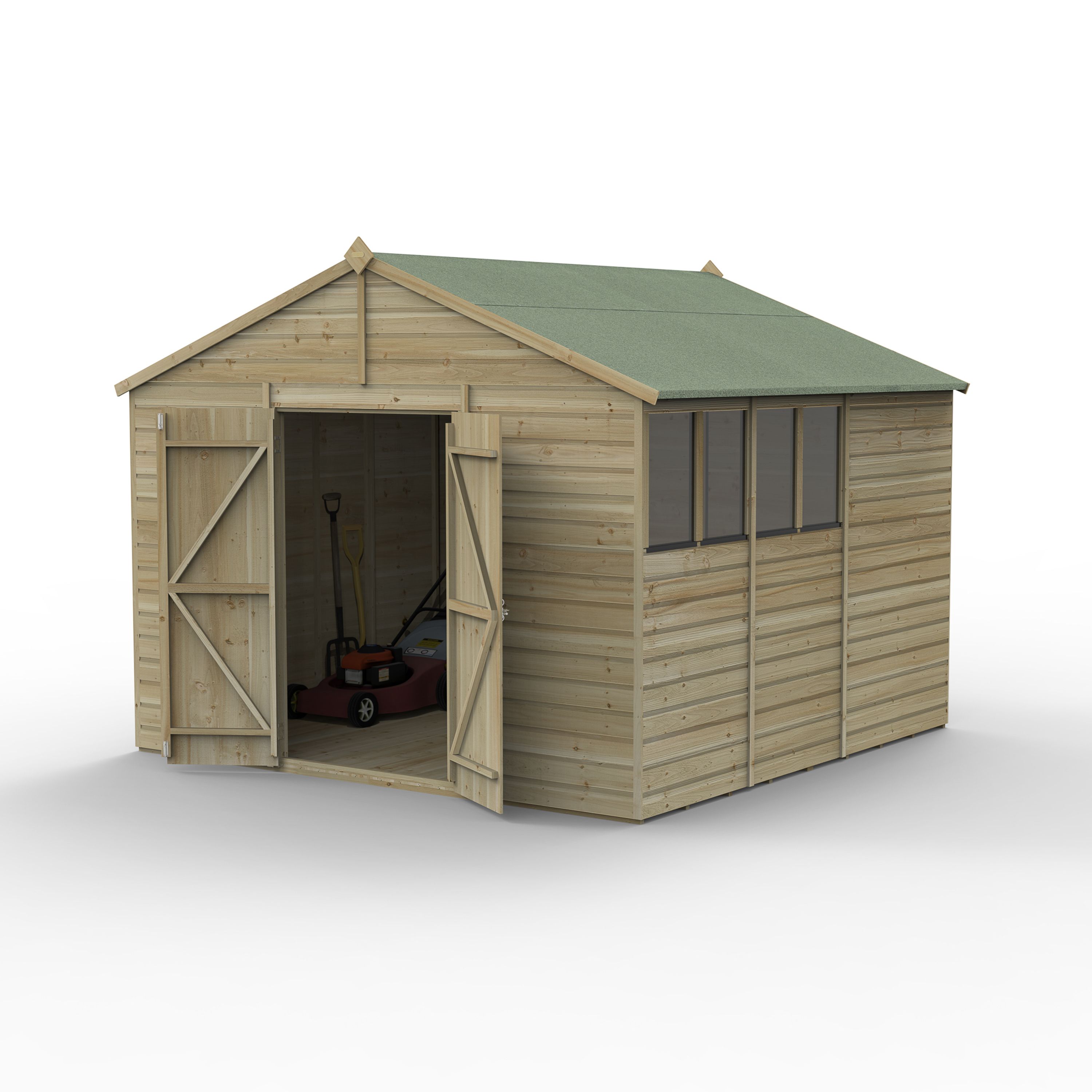 Forest Garden Beckwood 10x10 ft Apex Natural timber Wooden 2 door Shed with floor & 4 windows (Base included)