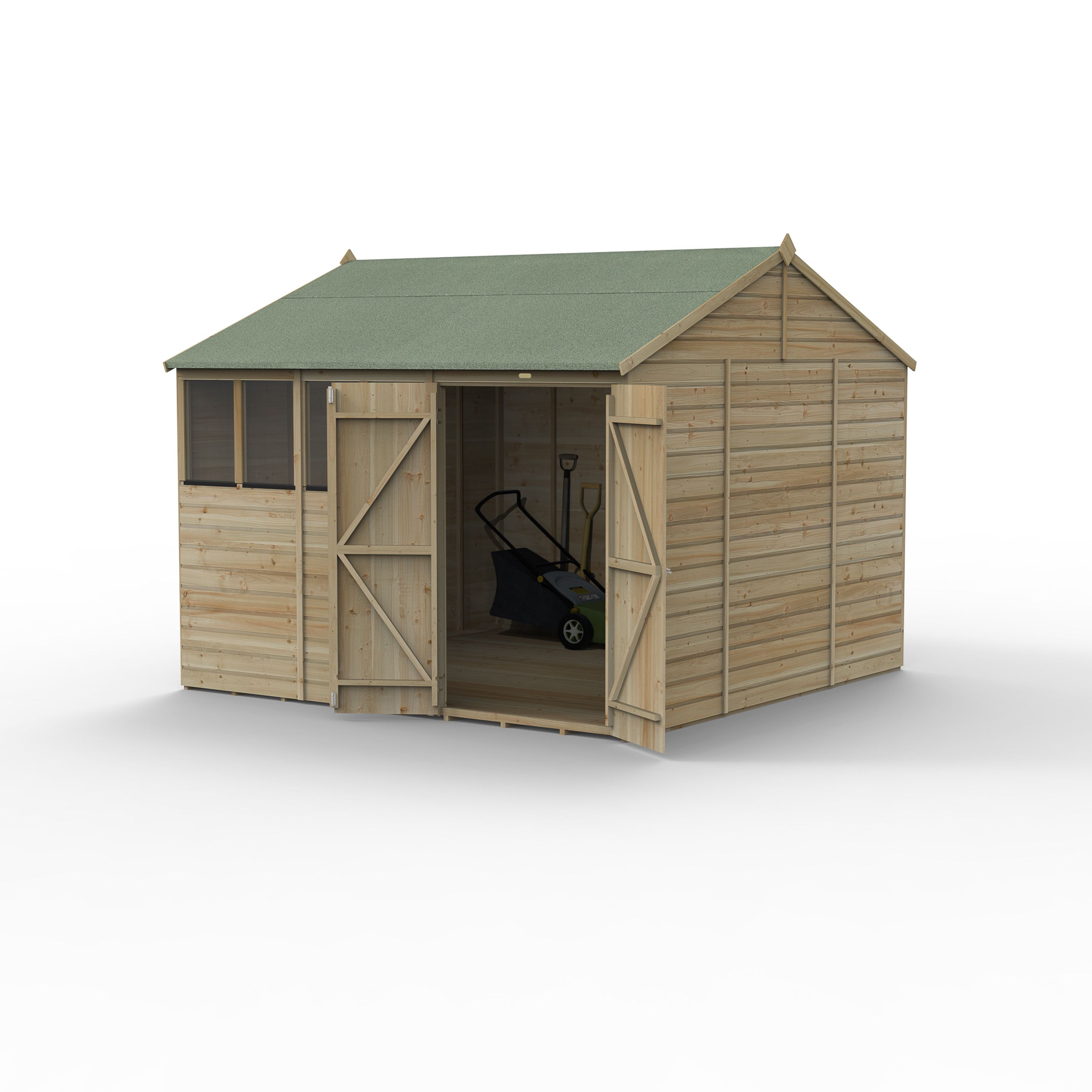 Forest Garden Beckwood 10x10 ft Reverse apex Natural timber Wooden 2 door Shed with floor & 4 windows - Assembly not required
