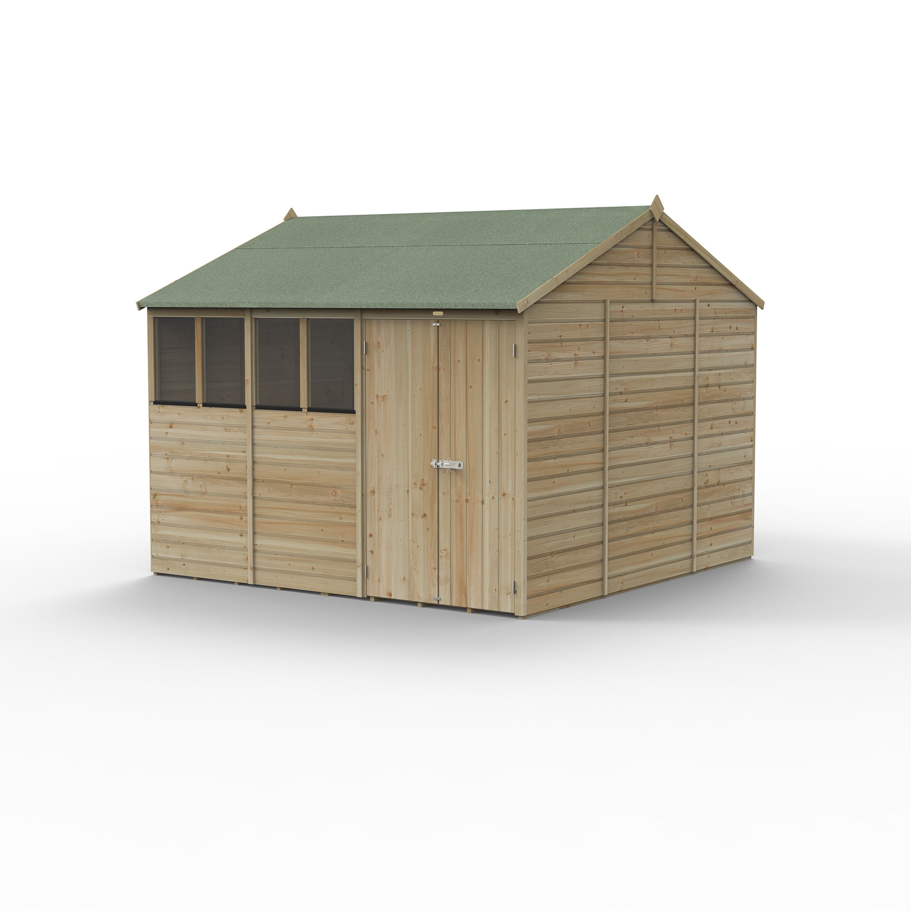 Forest Garden Beckwood 10x10 ft Reverse apex Natural timber Wooden 2 door Shed with floor & 4 windows - Assembly not required