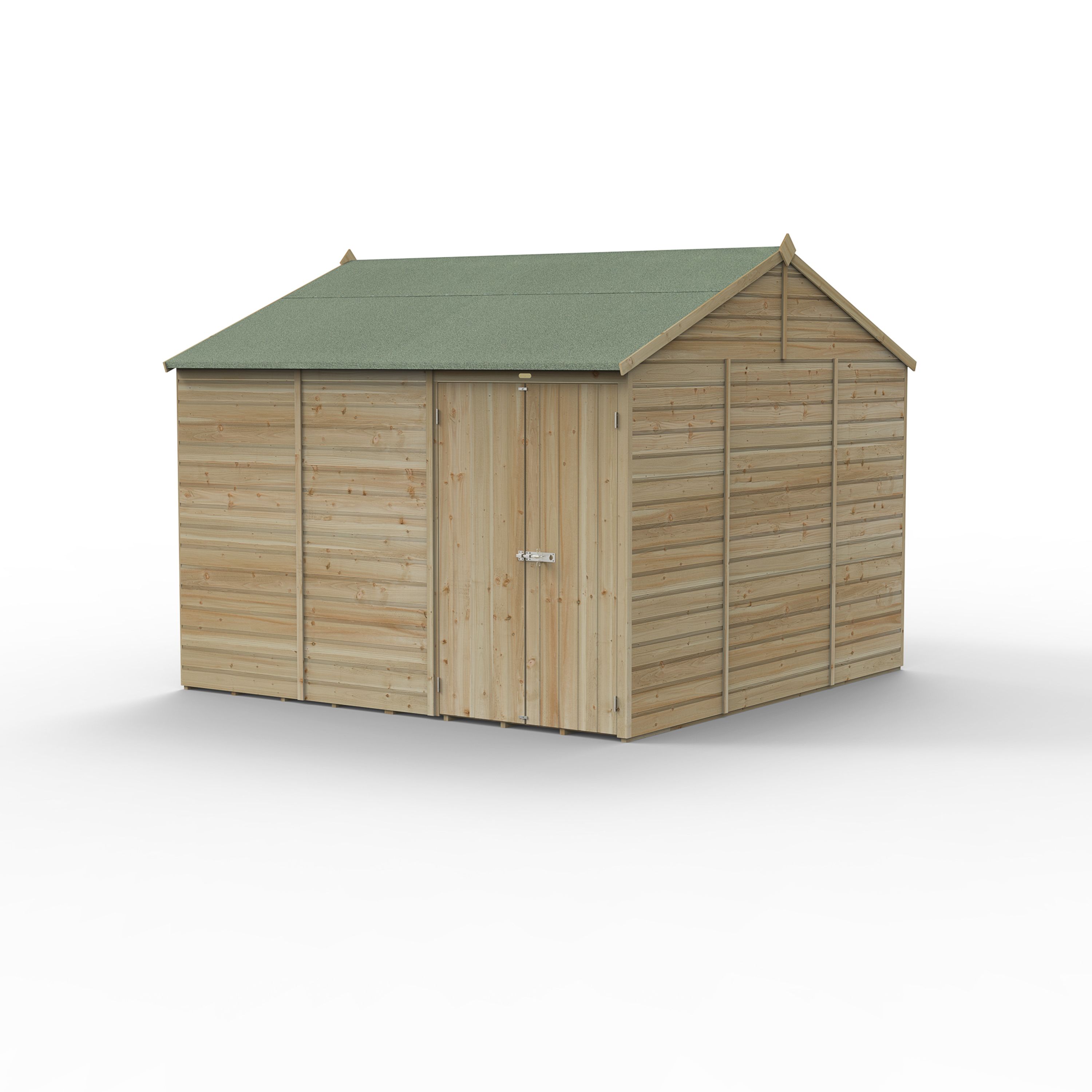 Forest Garden Beckwood 10x10 ft Reverse apex Natural timber Wooden 2 door Shed with floor (Base included) - Assembly not required