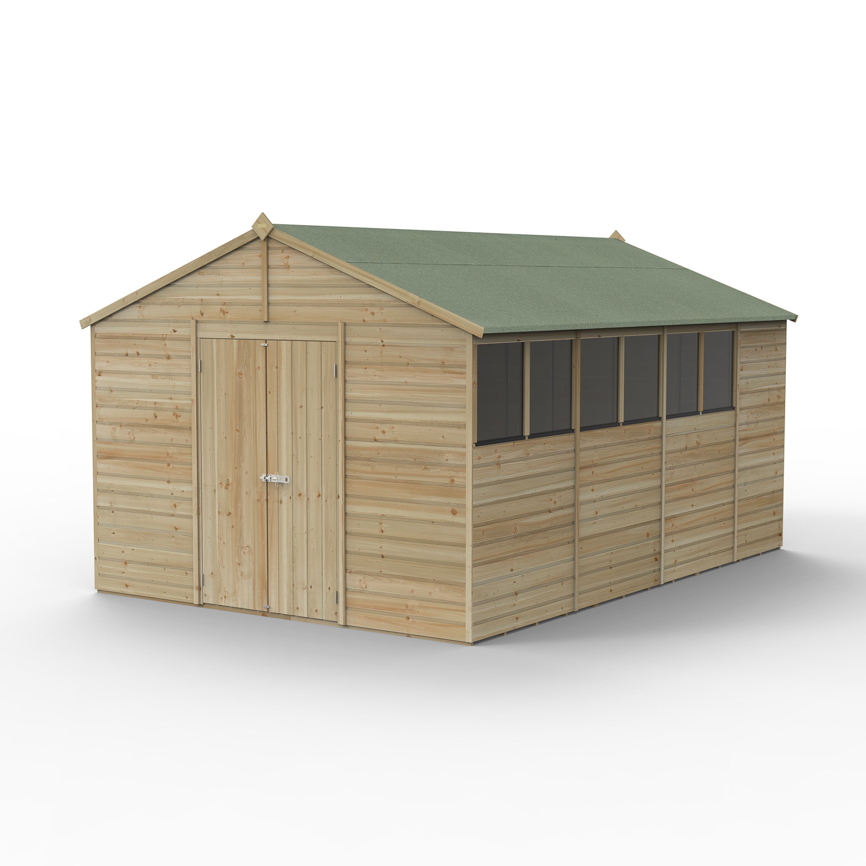 Forest Garden Beckwood 10x15 ft Apex Natural timber Wooden 2 door Shed with floor & 6 windows - Assembly not required