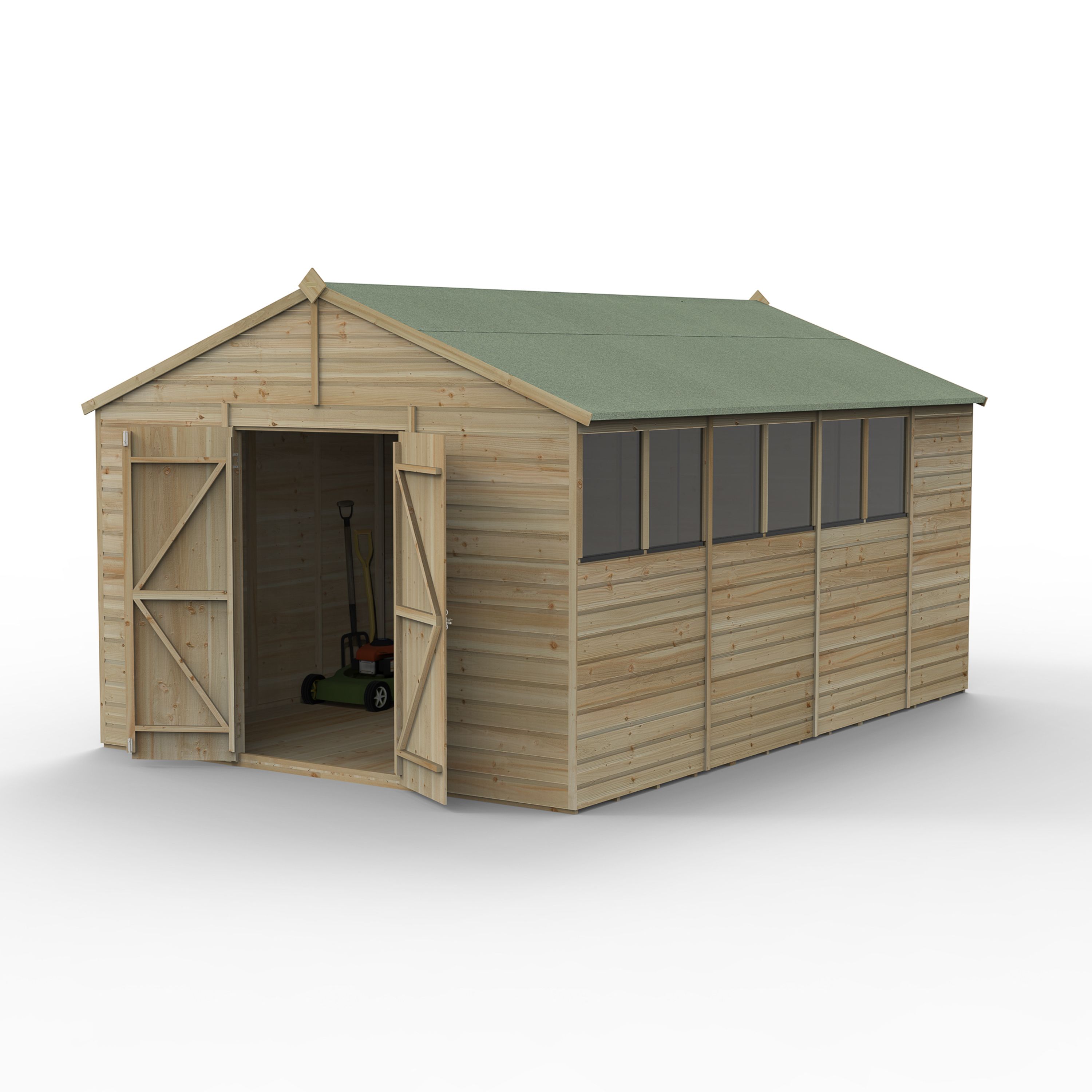 Forest Garden Beckwood 10x15 ft Apex Natural timber Wooden 2 door Shed with floor & 6 windows (Base included)