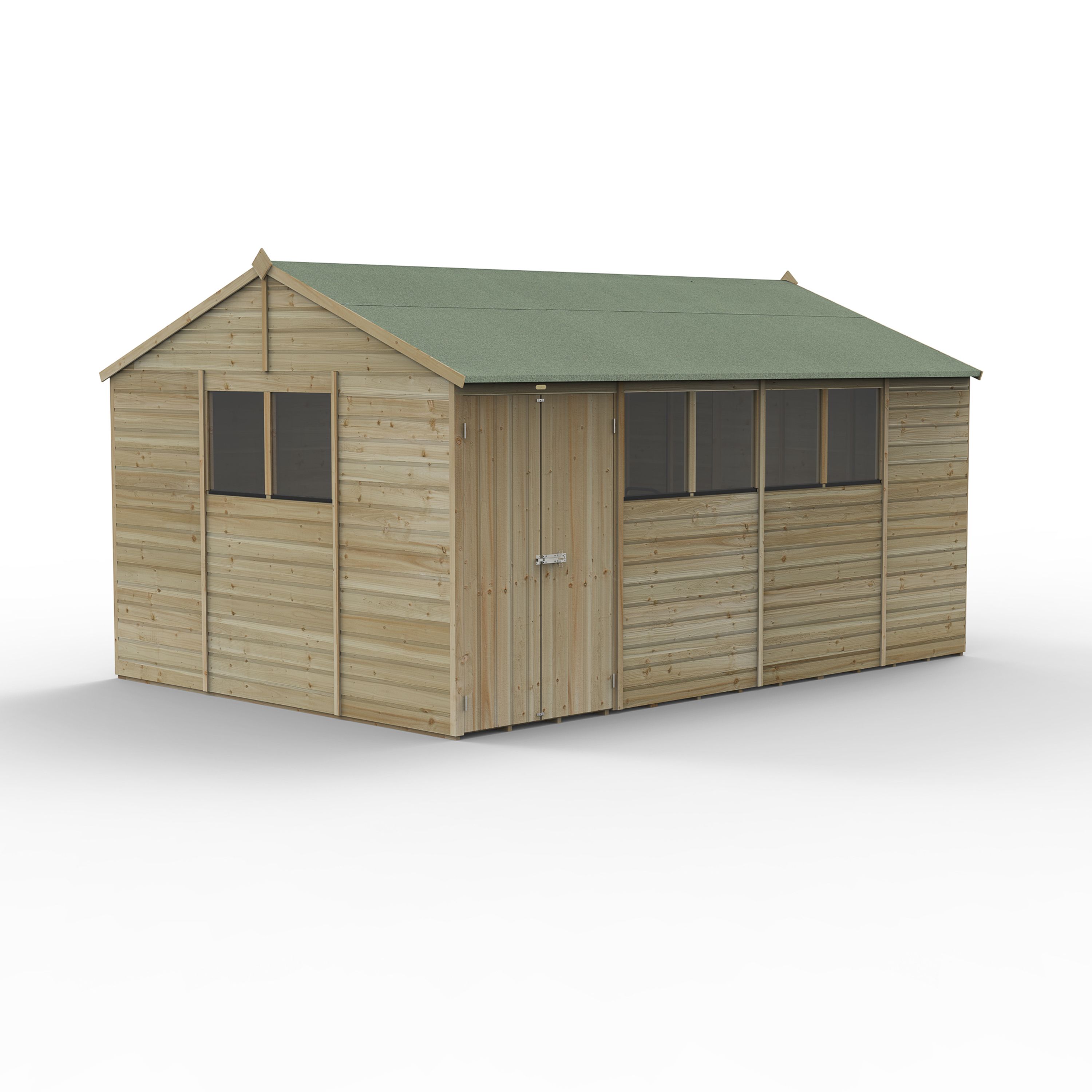 Forest Garden Beckwood 10x15 ft Reverse apex Natural timber Wooden 2 door Shed with floor & 6 windows - Assembly not required