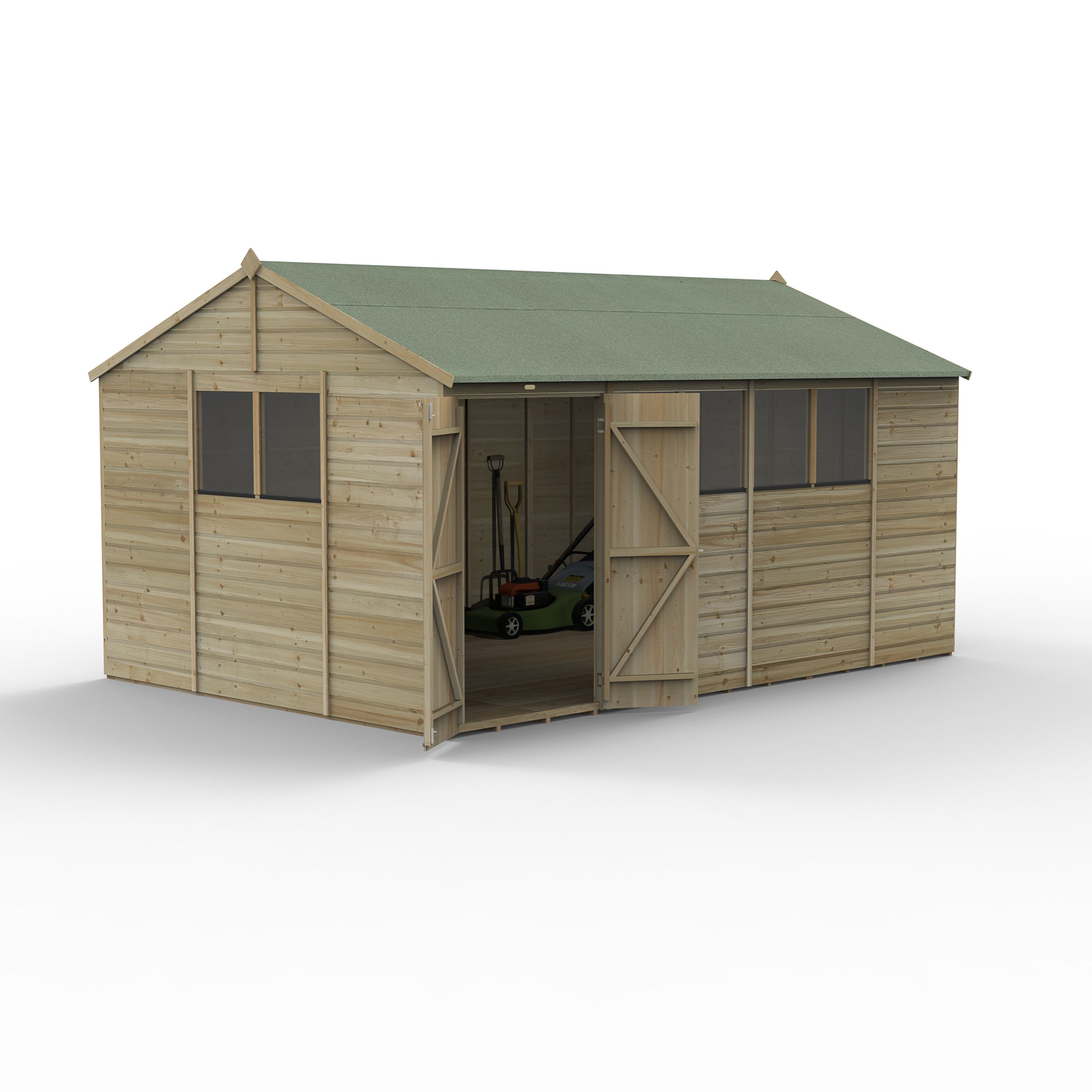 Forest Garden Beckwood 10x15 ft Reverse apex Natural timber Wooden 2 door Shed with floor & 6 windows (Base included) - Assembly not required