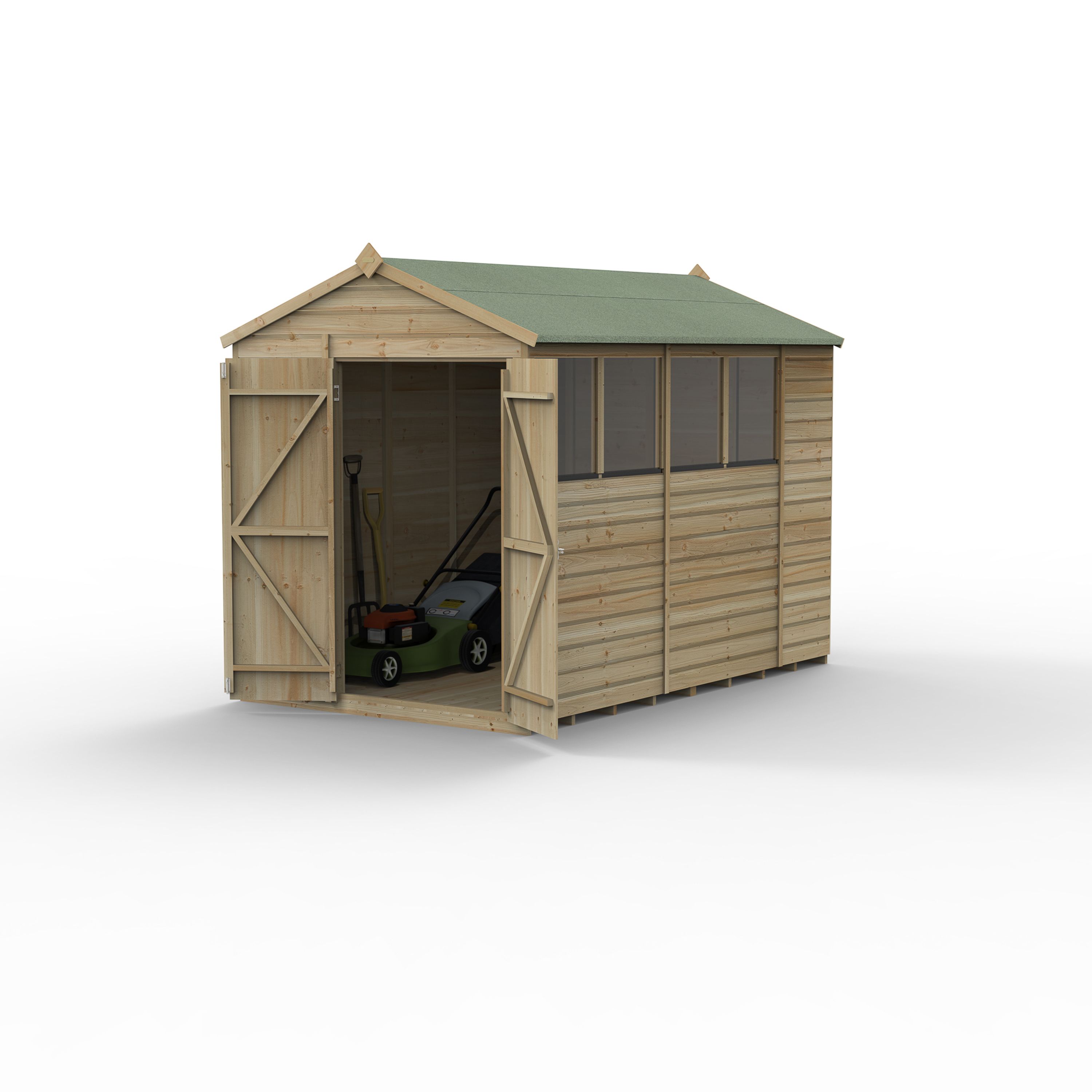 Forest Garden Beckwood 10x6 ft Apex Natural timber Wooden 2 door Shed with floor & 4 windows (Base included) - Assembly not required