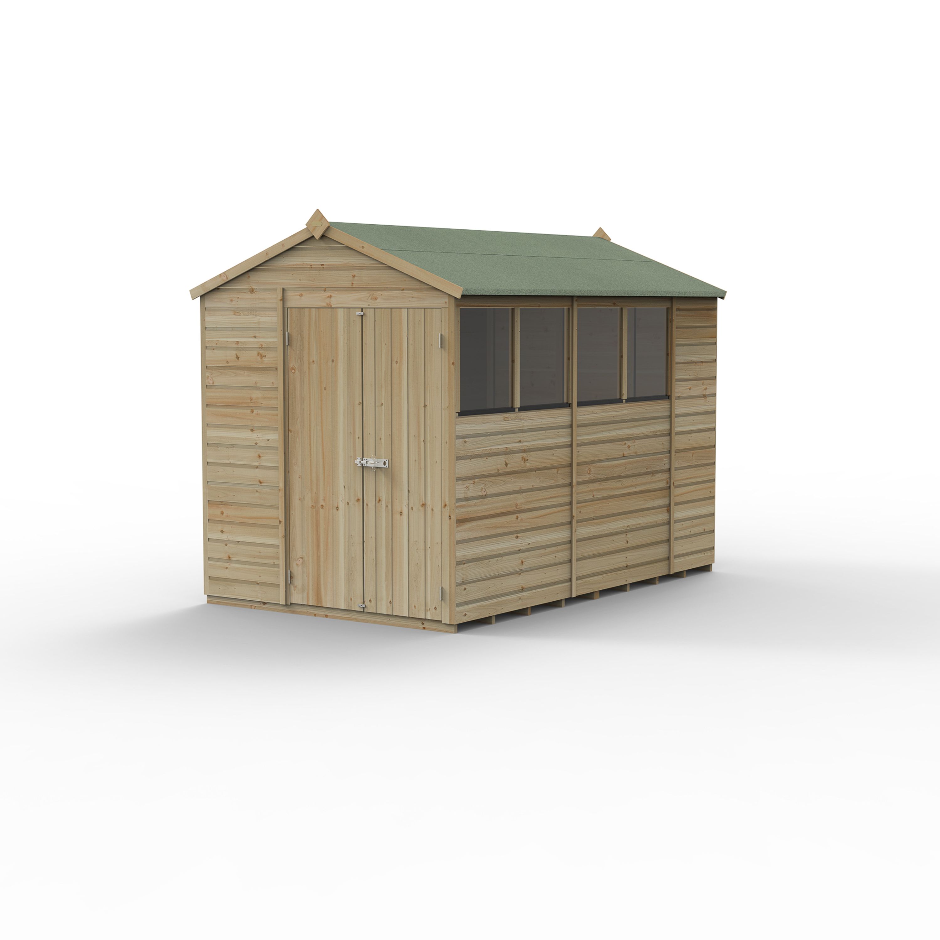 Forest Garden Beckwood 10x6 ft Apex Natural timber Wooden 2 door Shed with floor & 4 windows (Base included) - Assembly not required