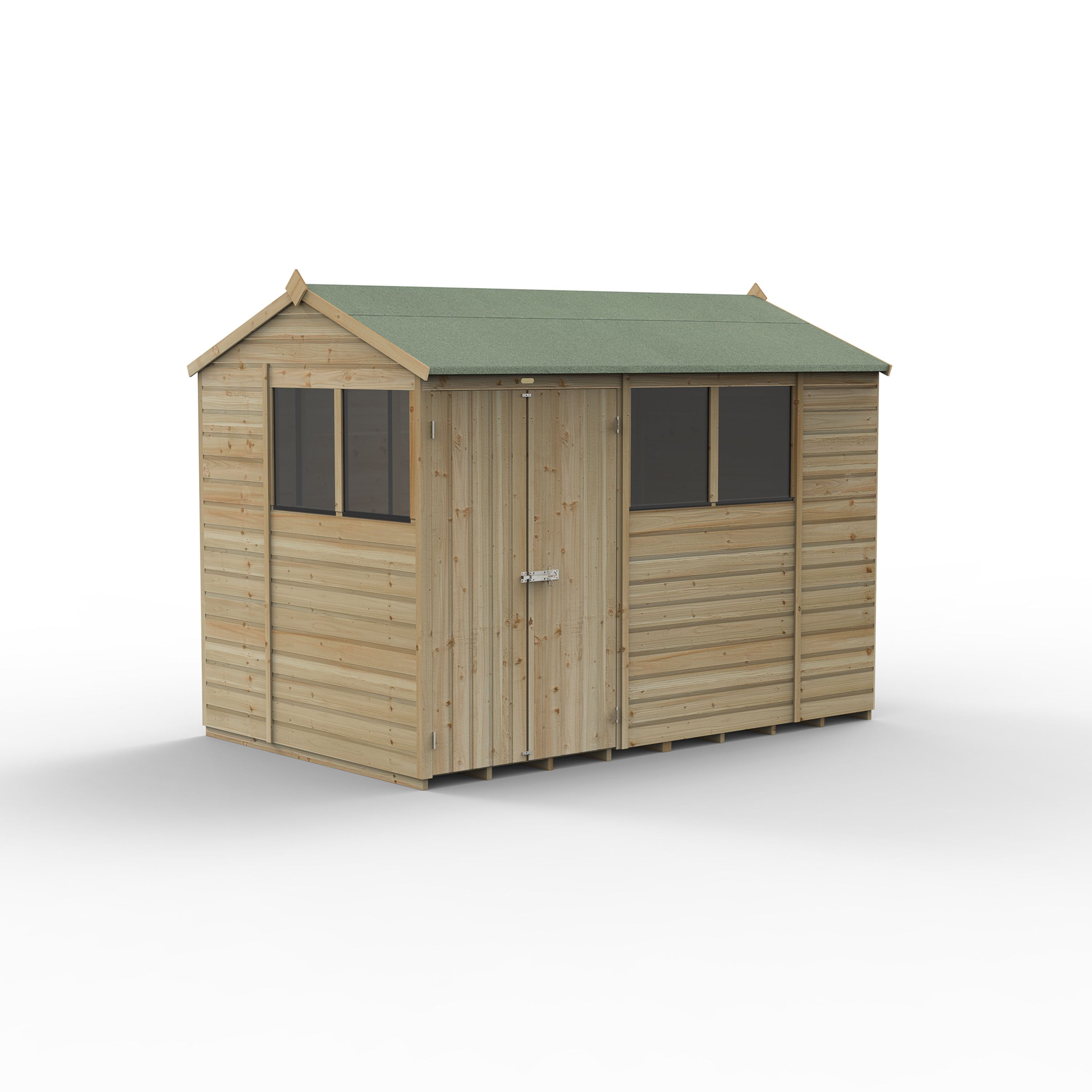 Forest Garden Beckwood 10x6 ft Reverse apex Natural timber Wooden 2 door Shed with floor & 4 windows (Base included)