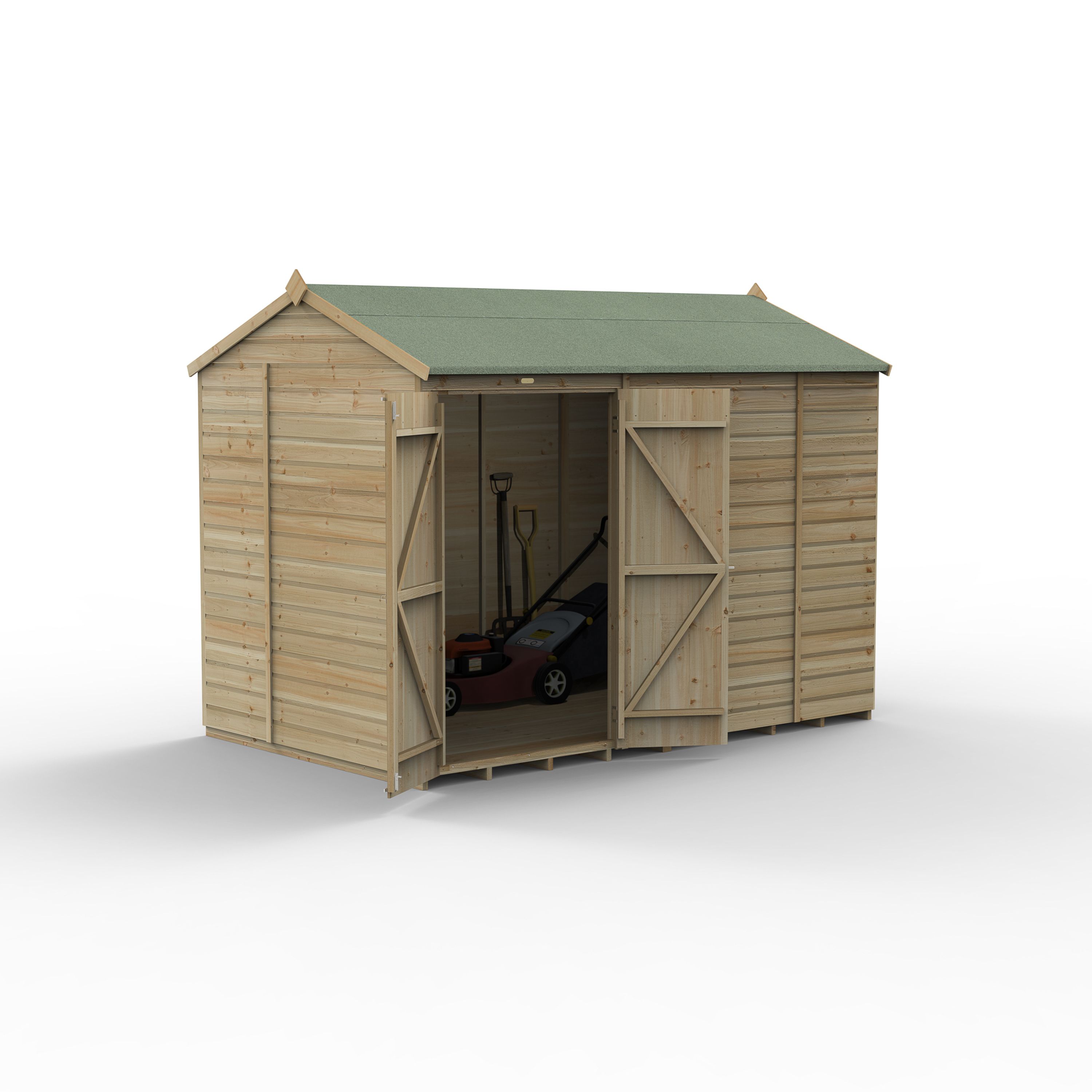 Forest Garden Beckwood 10x6 ft Reverse apex Natural timber Wooden 2 door Shed with floor (Base included) - Assembly not required