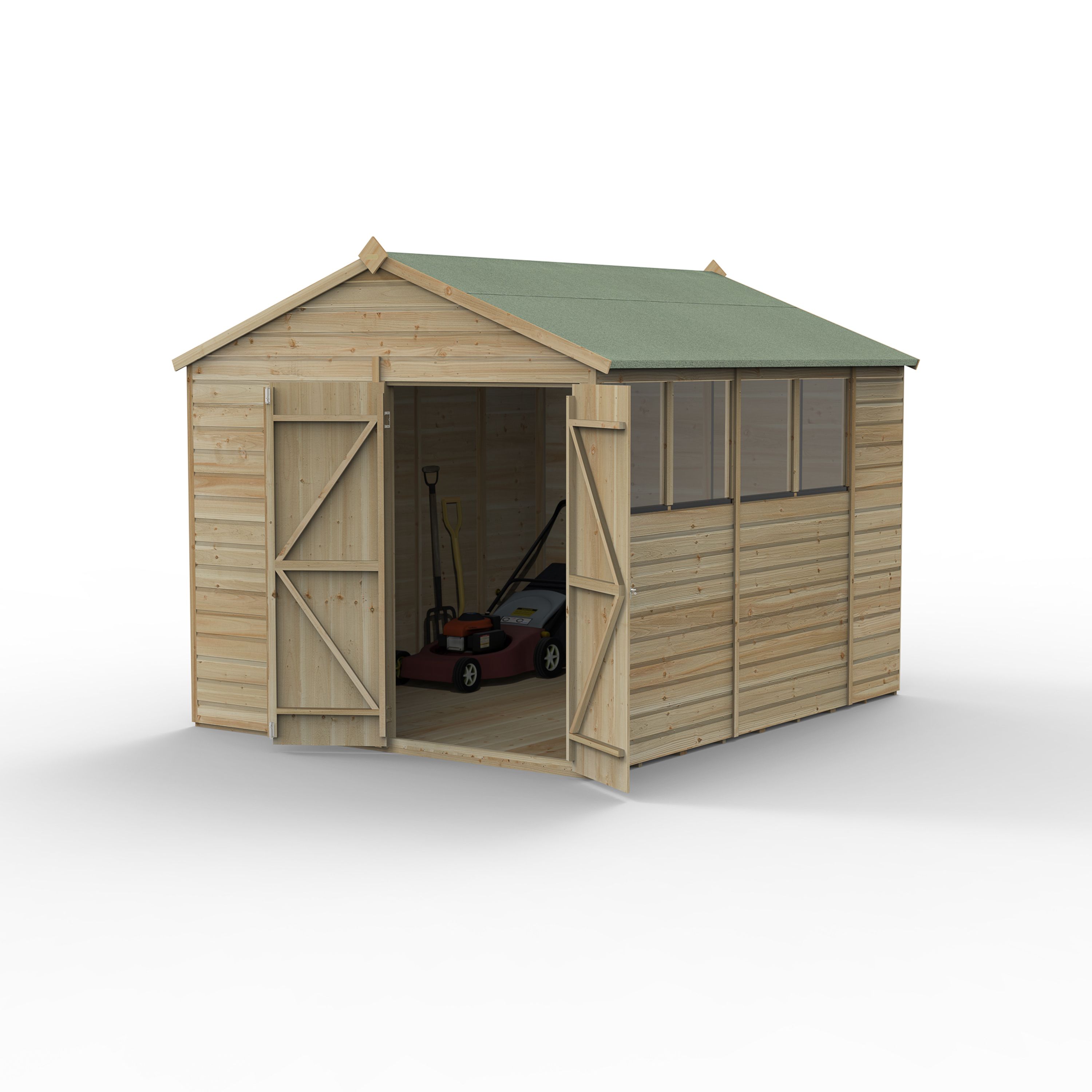 Forest Garden Beckwood 10x8 ft Apex Natural timber Wooden 2 door Shed with floor & 4 windows (Base included) - Assembly not required