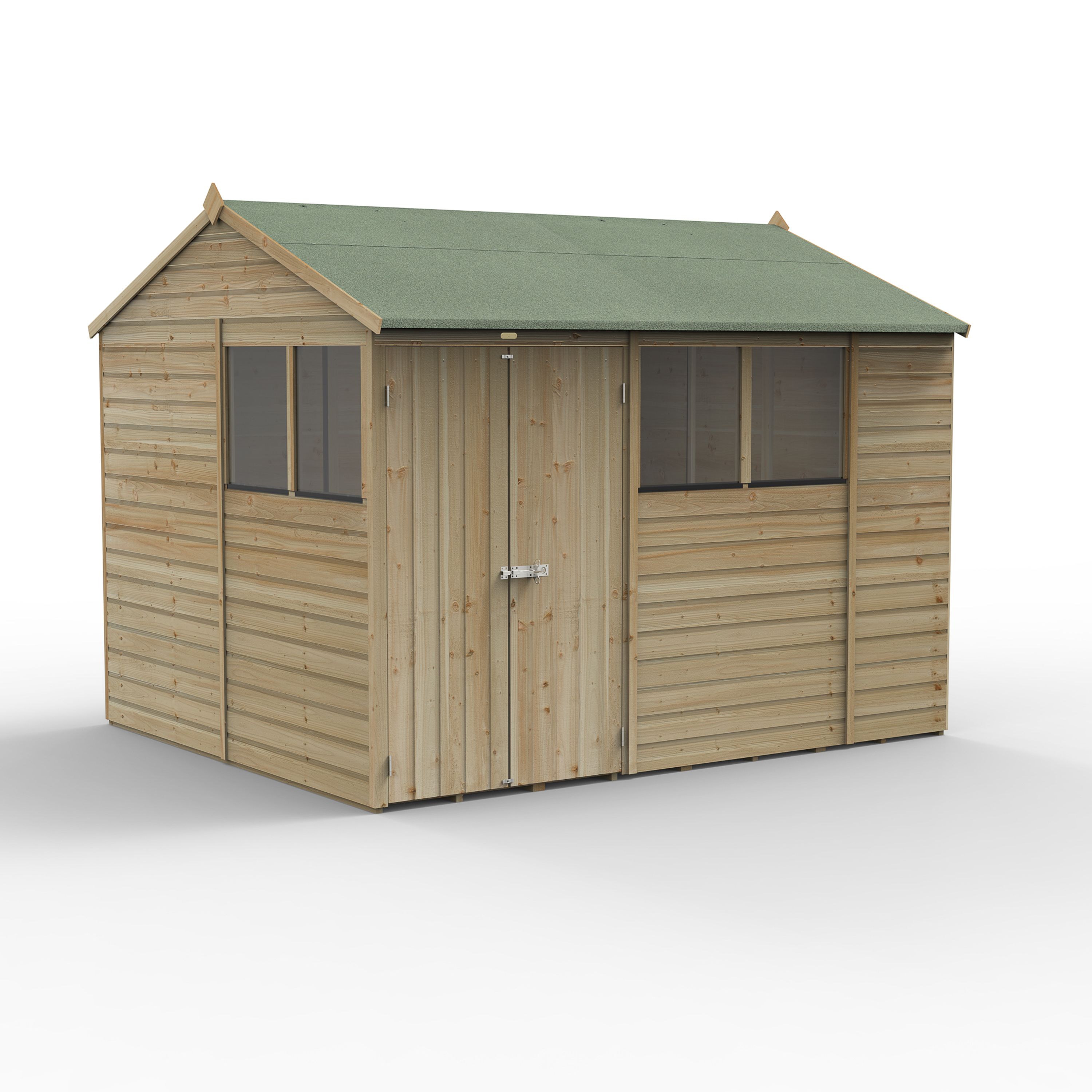Forest Garden Beckwood 10x8 ft Reverse apex Natural timber Wooden 2 door Shed with floor & 4 windows - Assembly not required
