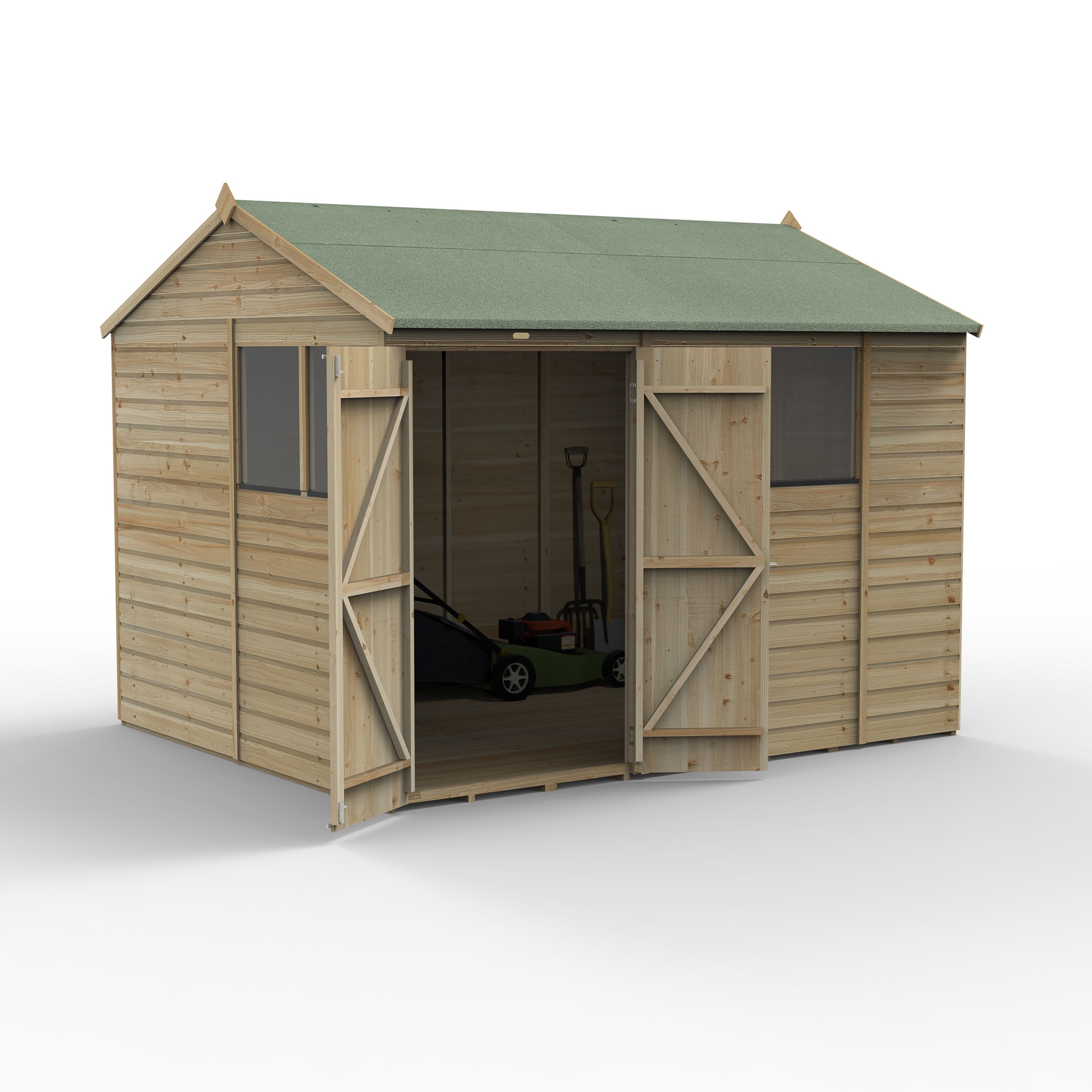 Forest Garden Beckwood 10x8 ft Reverse apex Natural timber Wooden 2 door Shed with floor & 4 windows (Base included) - Assembly not required