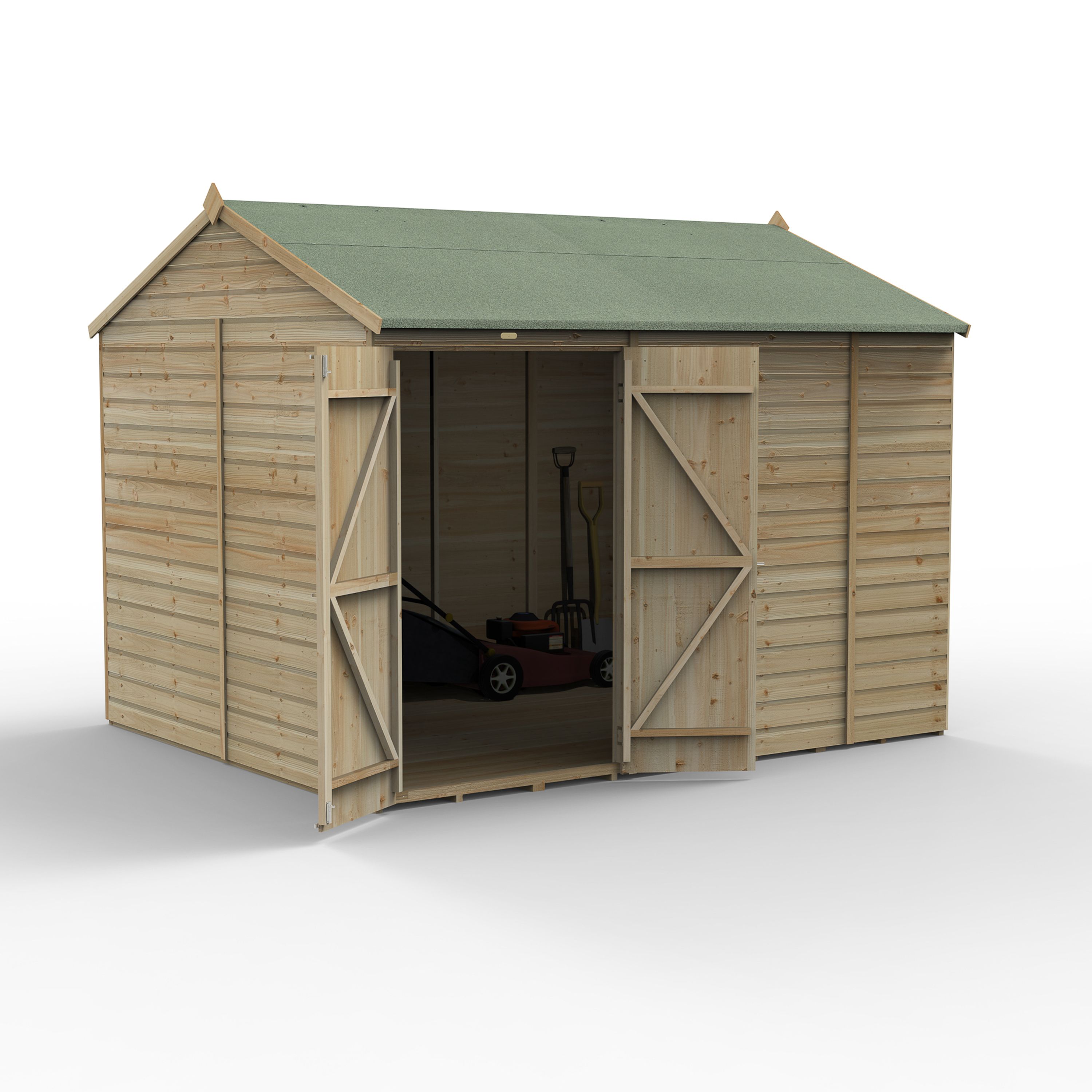 Forest Garden Beckwood 10x8 ft Reverse apex Natural timber Wooden 2 door Shed with floor (Base included) - Assembly not required