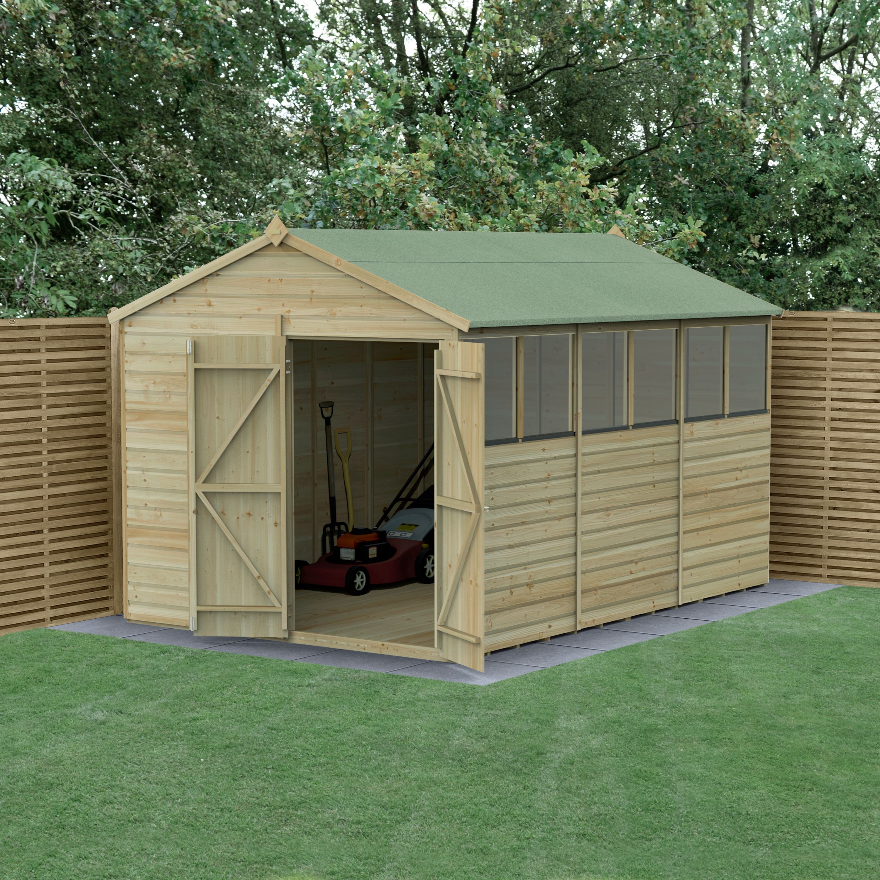 Forest Garden Beckwood 12x8 ft Apex Natural timber Wooden 2 door Shed with floor & 6 windows (Base included) - Assembly not required