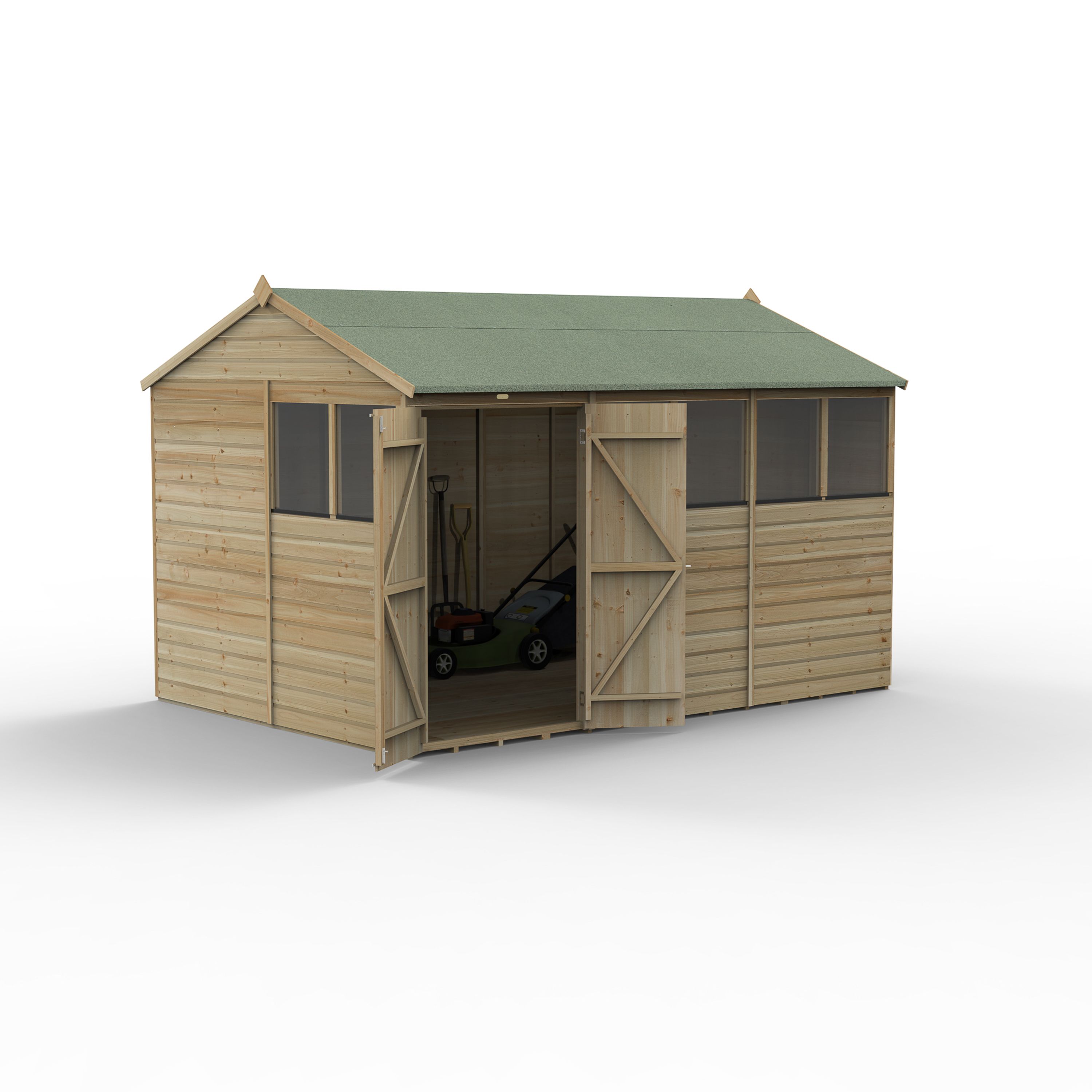 Forest Garden Beckwood 12x8 ft Reverse apex Natural timber Wooden 2 door Shed with floor & 6 windows (Base included)