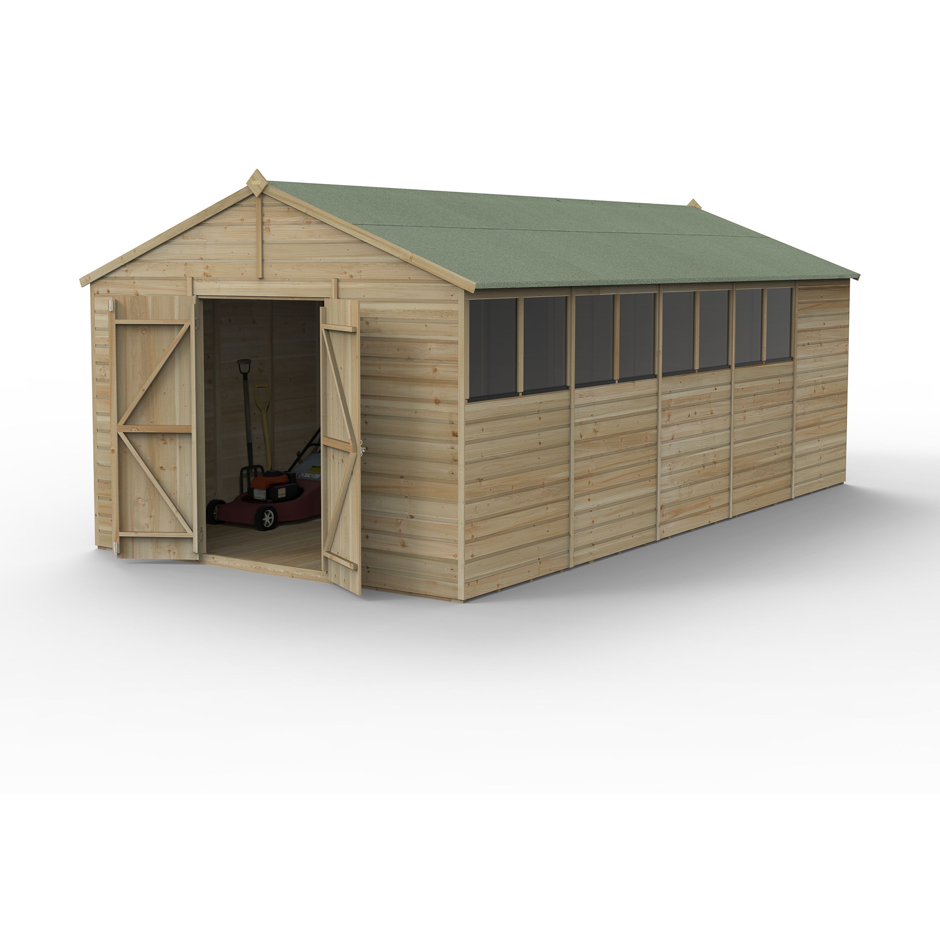 Forest Garden Beckwood 20x10 ft Apex Natural timber Wooden 2 door Shed with floor & 8 windows (Base included) - Assembly not required