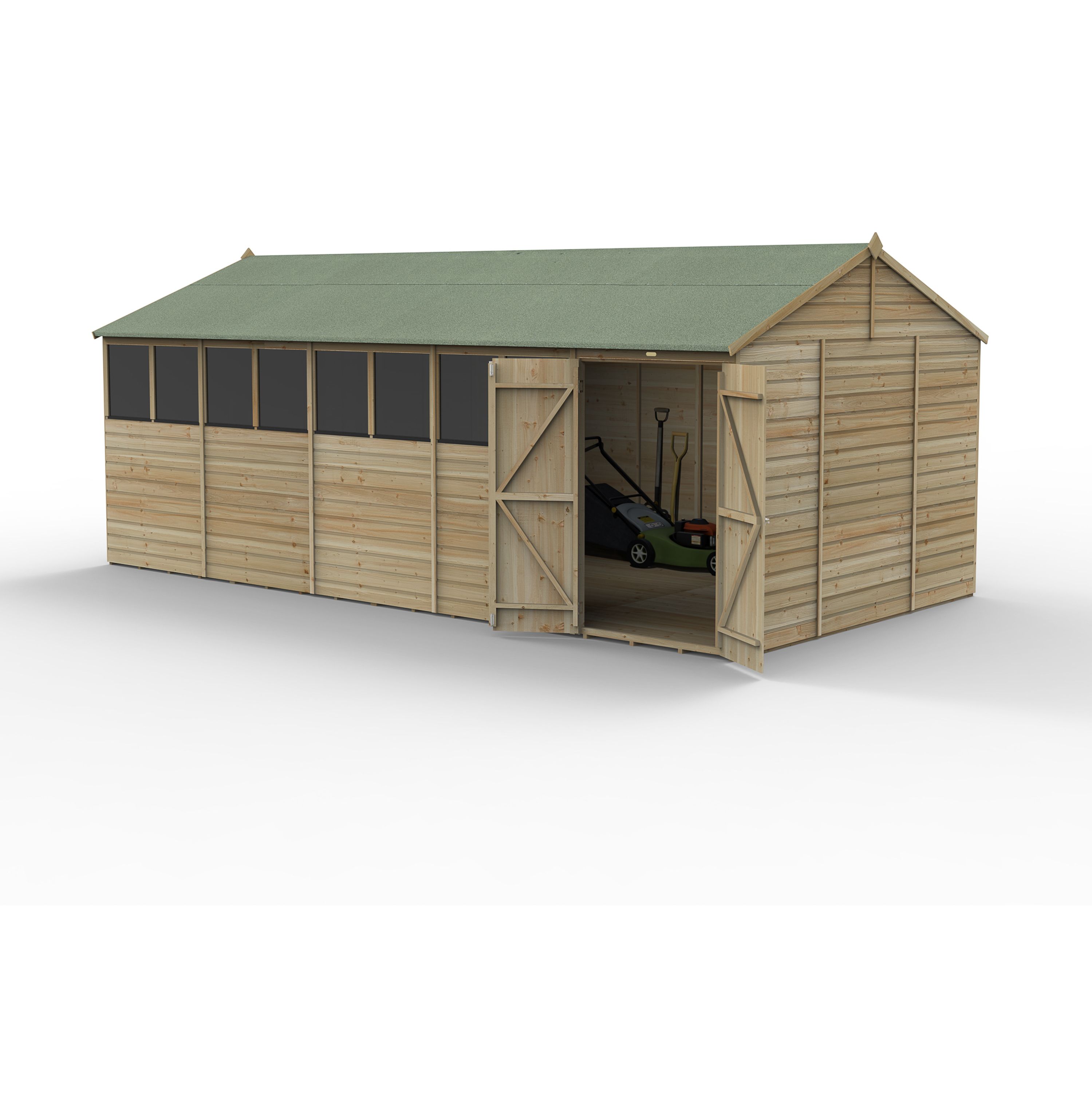 Forest Garden Beckwood 20x10 ft Reverse apex Natural timber Wooden 2 door Shed with floor & 8 windows - Assembly not required