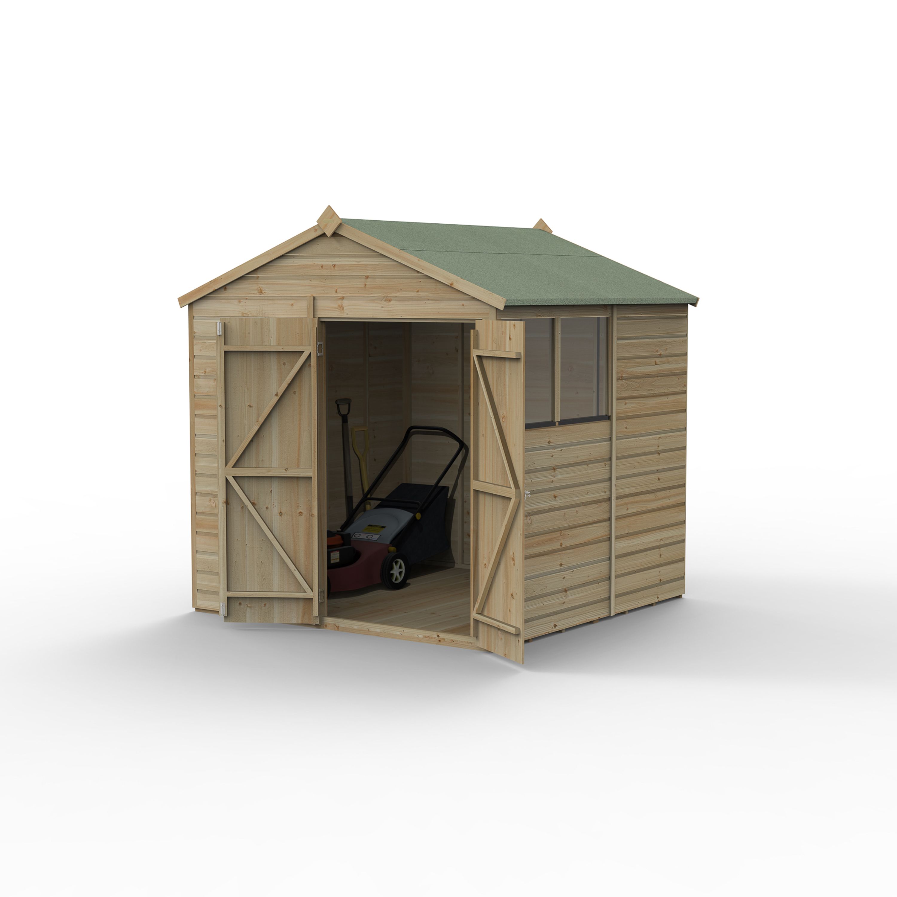 Forest Garden Beckwood 7x7 ft Apex Natural timber Wooden 2 door Shed with floor & 2 windows (Base included) - Assembly not required