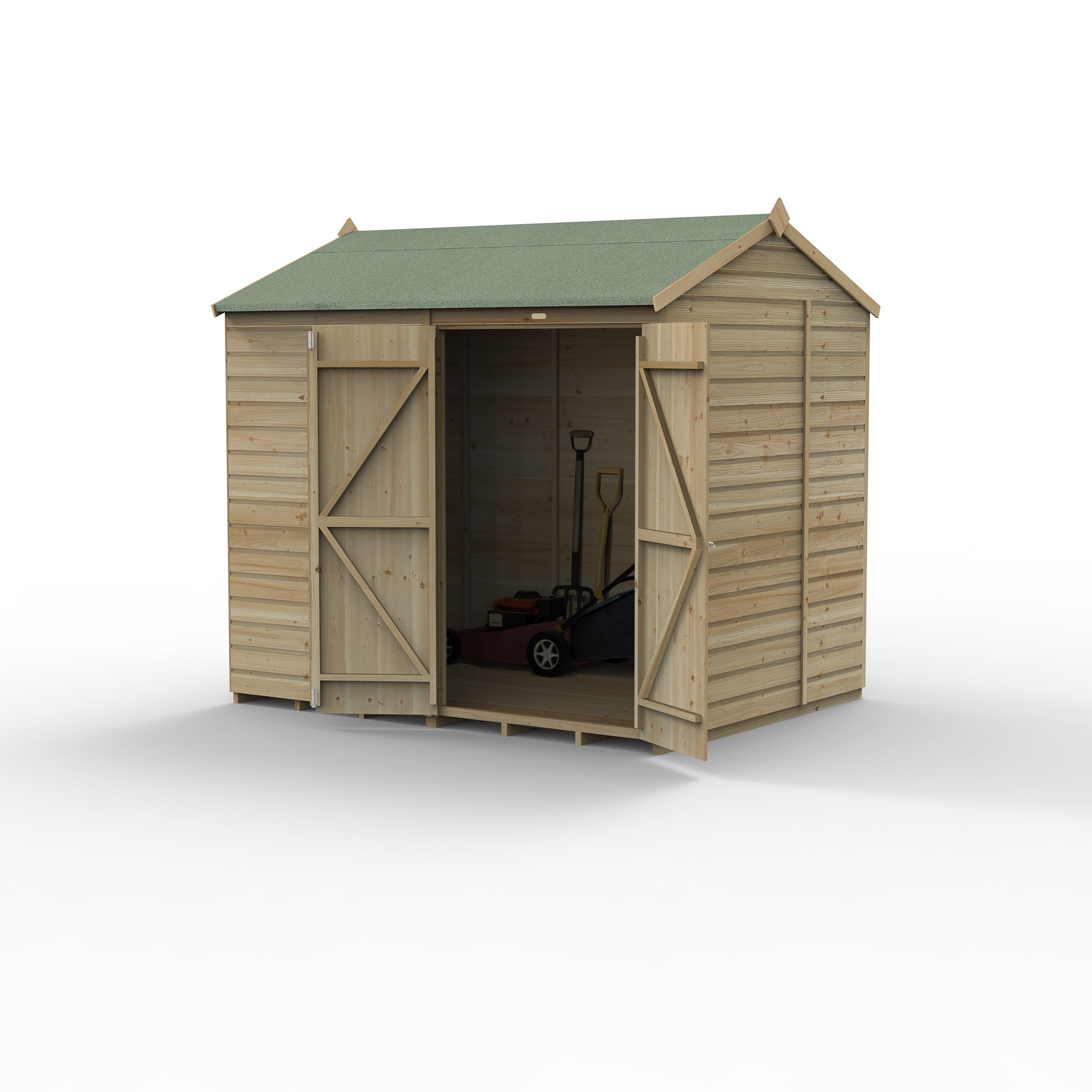 Forest Garden Beckwood 8x6 ft Reverse apex Natural timber Wooden 2 door Shed with floor (Base included) - Assembly not required