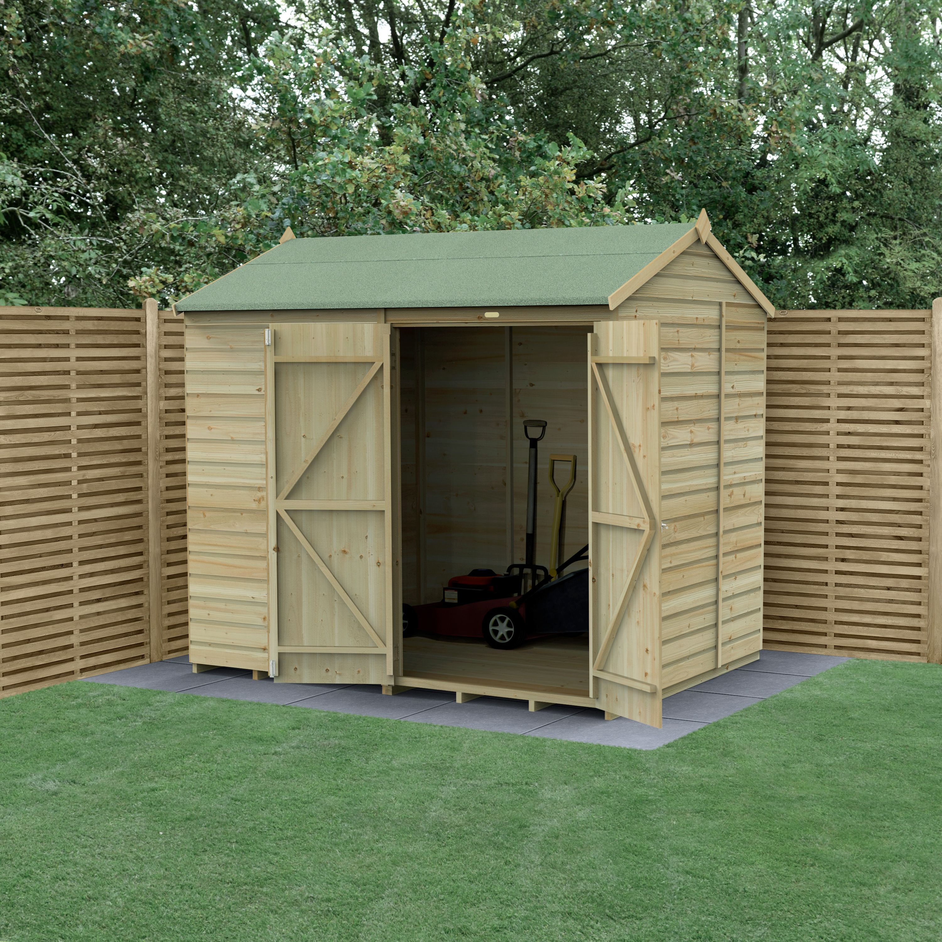 Forest Garden Beckwood 8x6 ft Reverse apex Natural timber Wooden 2 door Shed with floor (Base included) - Assembly not required