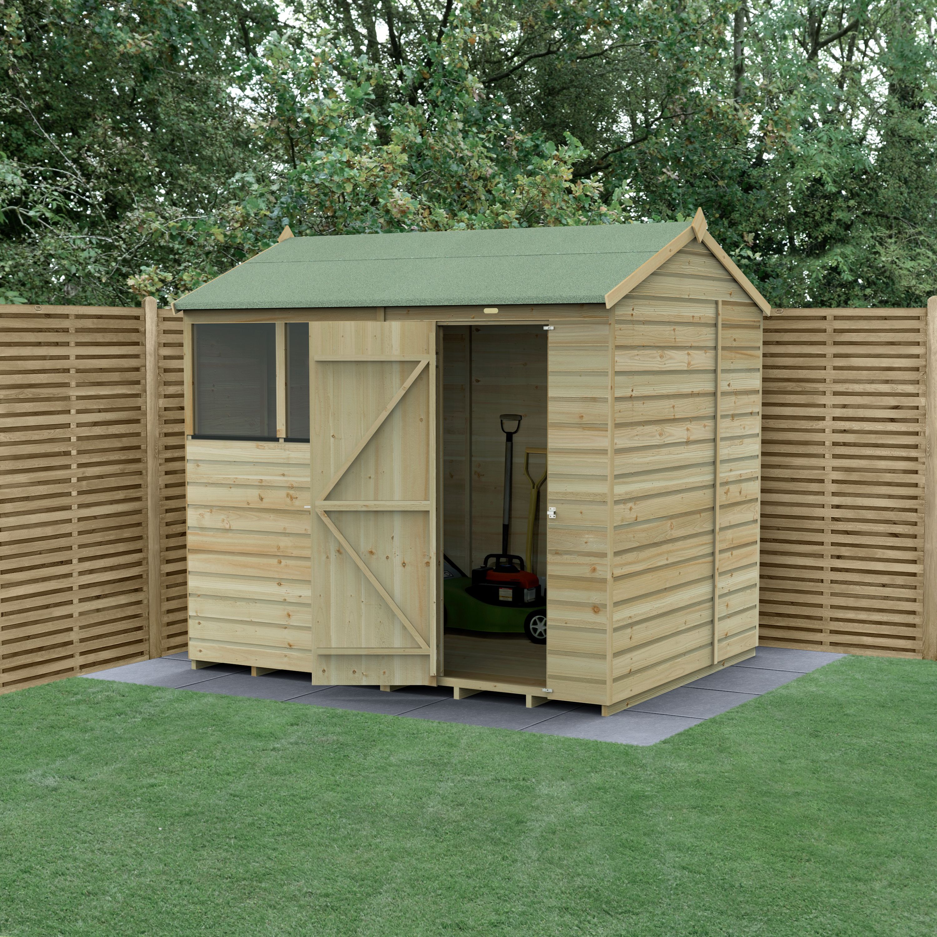 Forest Garden Beckwood 8x6 ft Reverse apex Natural timber Wooden Shed with floor & 2 windows (Base included) - Assembly not required