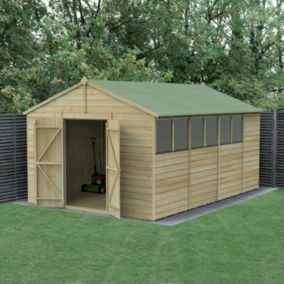 Forest Garden Beckwood Shiplap 10x15 ft Apex Natural timber Wooden Pressure treated 2 door Shed with floor & 6 windows - Assembly service included