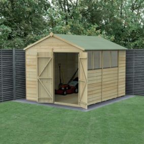 Forest Garden Beckwood Shiplap 10x8 ft Apex Natural timber Wooden Pressure treated 2 door Shed with floor & 4 windows - Assembly service included