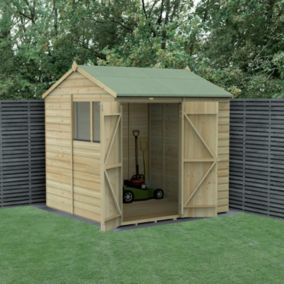 Forest Garden Beckwood Shiplap 7x7 ft Reverse apex Natural timber Wooden Pressure treated 2 door Shed with floor & 2 windows (Base included) - Assembly service included