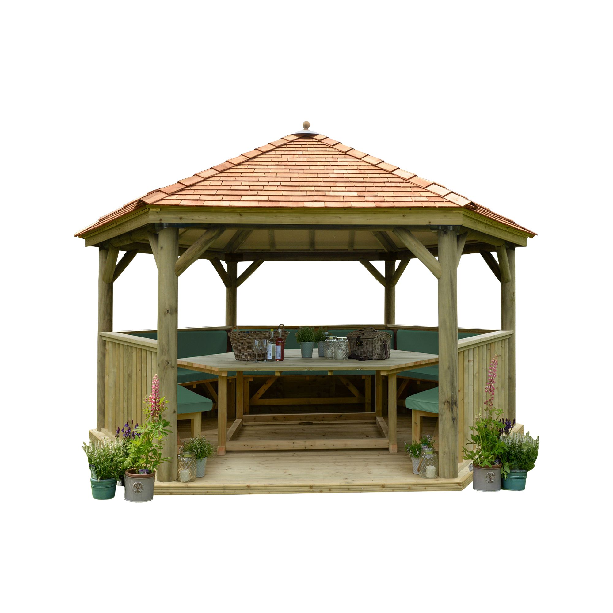 Forest Garden Furnished Cedar Roof Hexagonal Gazebo, (W)4900mm (D)4240mm (Green Cushion included)
