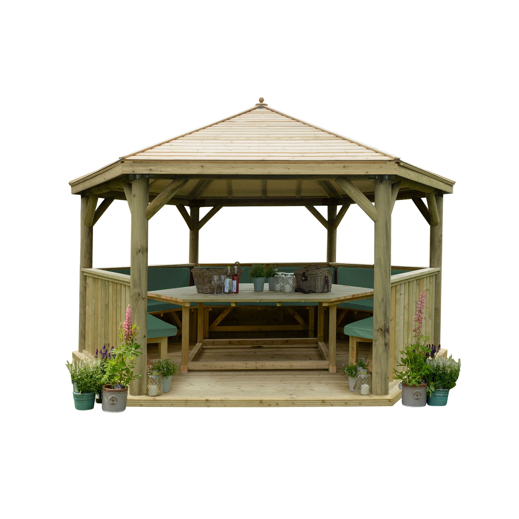 Forest Garden Furnished Timber Roof Hexagonal Gazebo, (W)4900mm (D)4240mm (Green Cushion included)