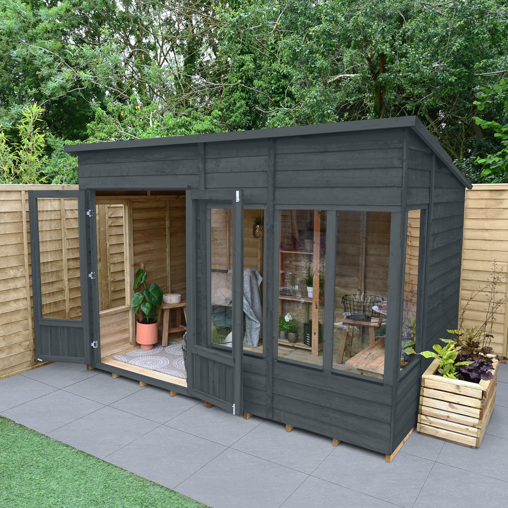 Forest Garden Oakley 10x6 ft with Double door & 5 windows Pent Solid wood Summer house (Base included)