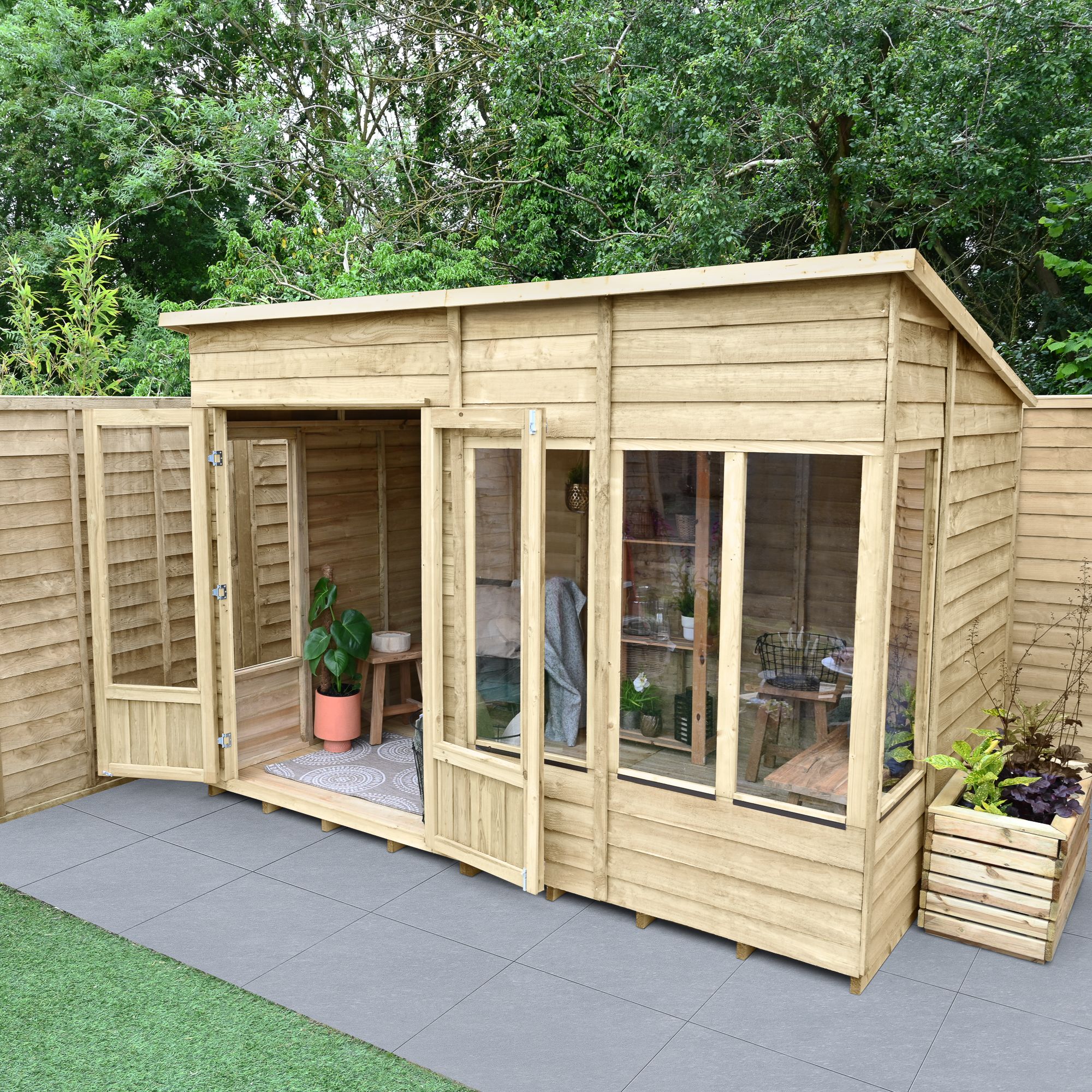 Forest Garden Oakley 10x6 ft with Double door & 5 windows Pent Solid wood Summer house (Base included)