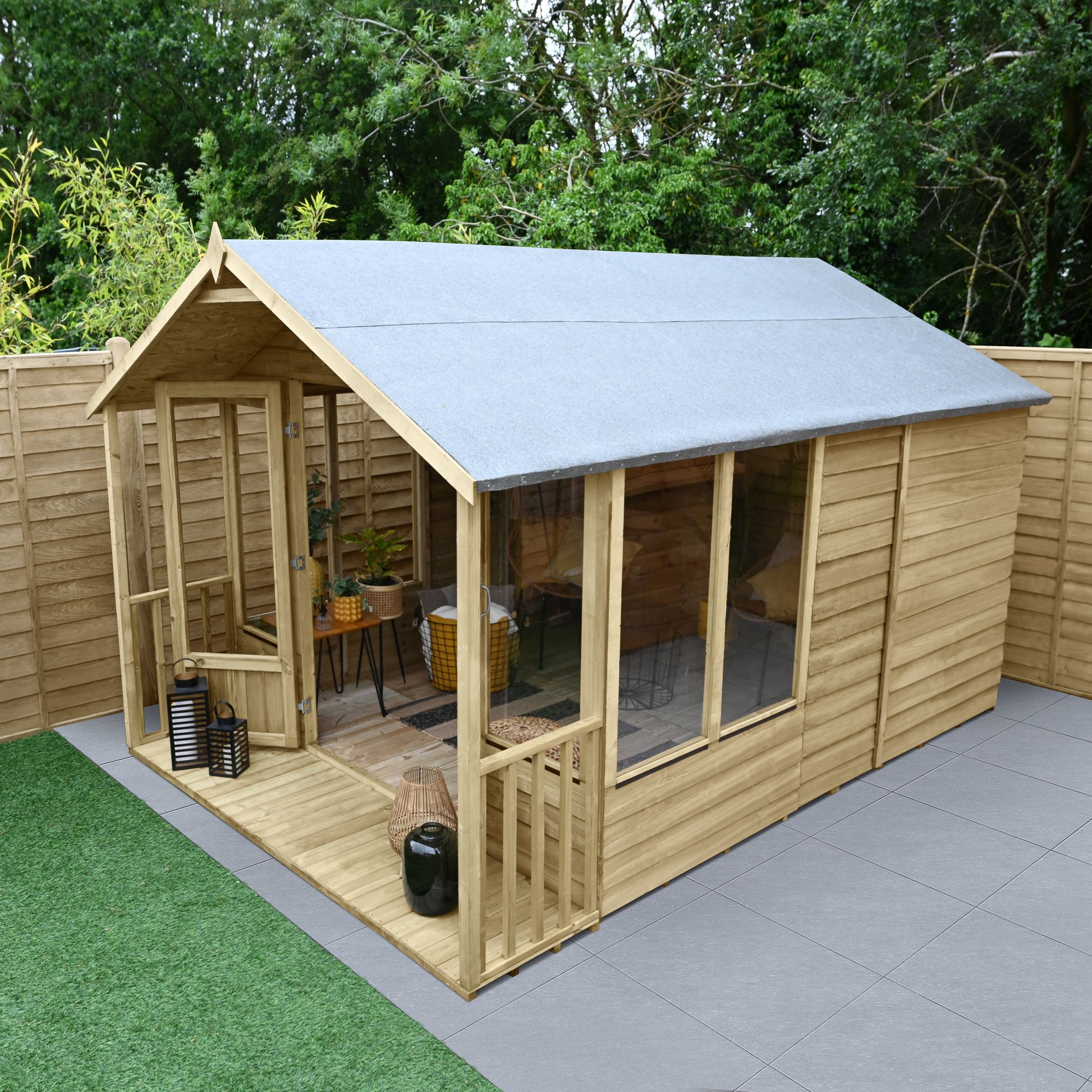 Forest Garden Oakley 12x8 ft with Double door & 6 windows Apex Solid wood Summer house (Base included)