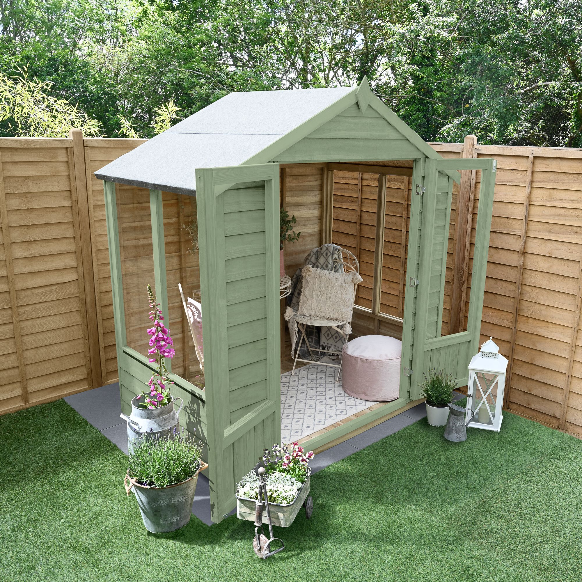 Forest Garden Oakley 6x4 ft with Double door & 4 windows Apex Solid wood Summer house (Base included)