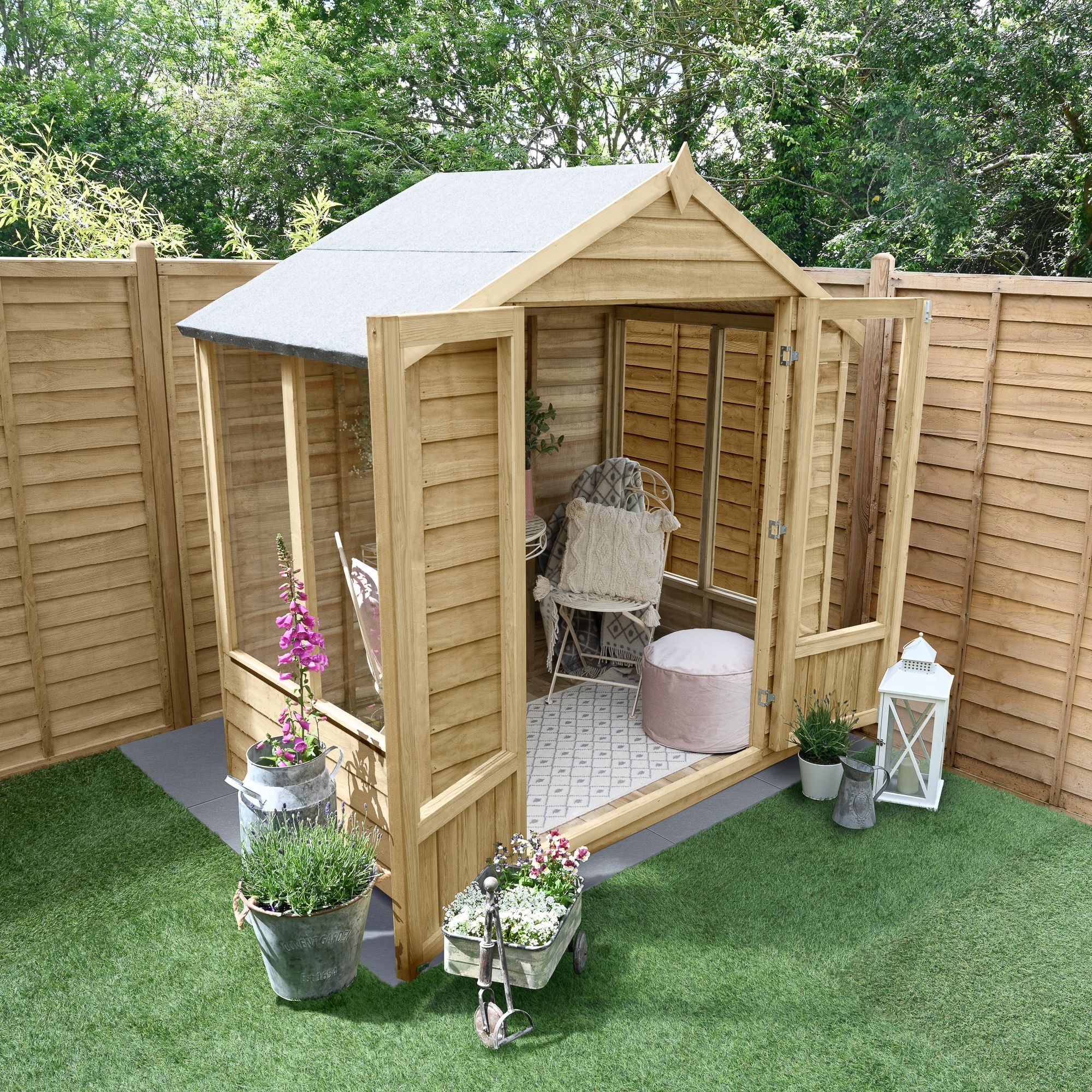 Forest Garden Oakley 6x4 ft with Double door & 4 windows Apex Solid wood Summer house (Base included)