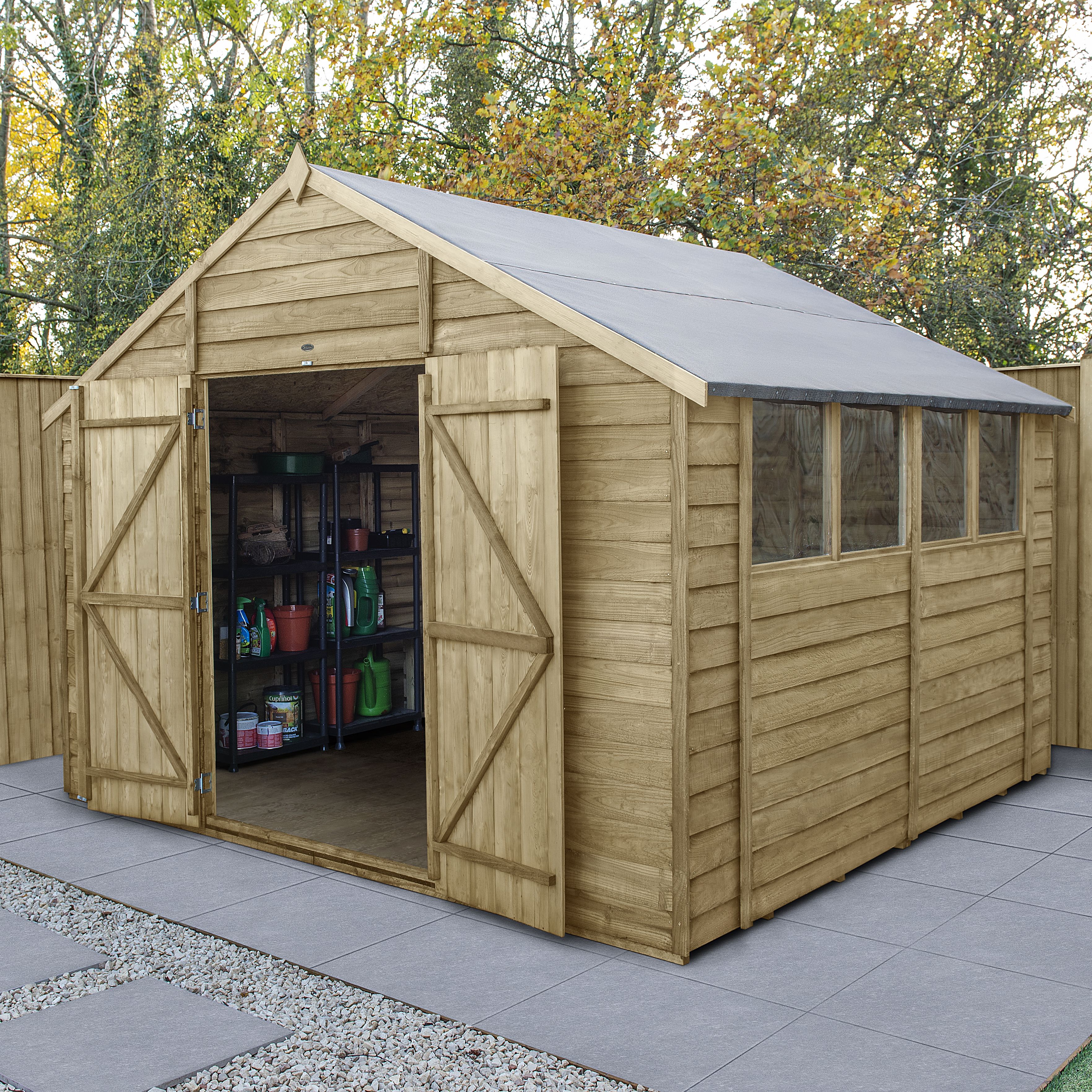 Forest Garden Overlap 10x10 ft Apex Wooden 2 door Shed with floor & 4 windows - Assembly service included