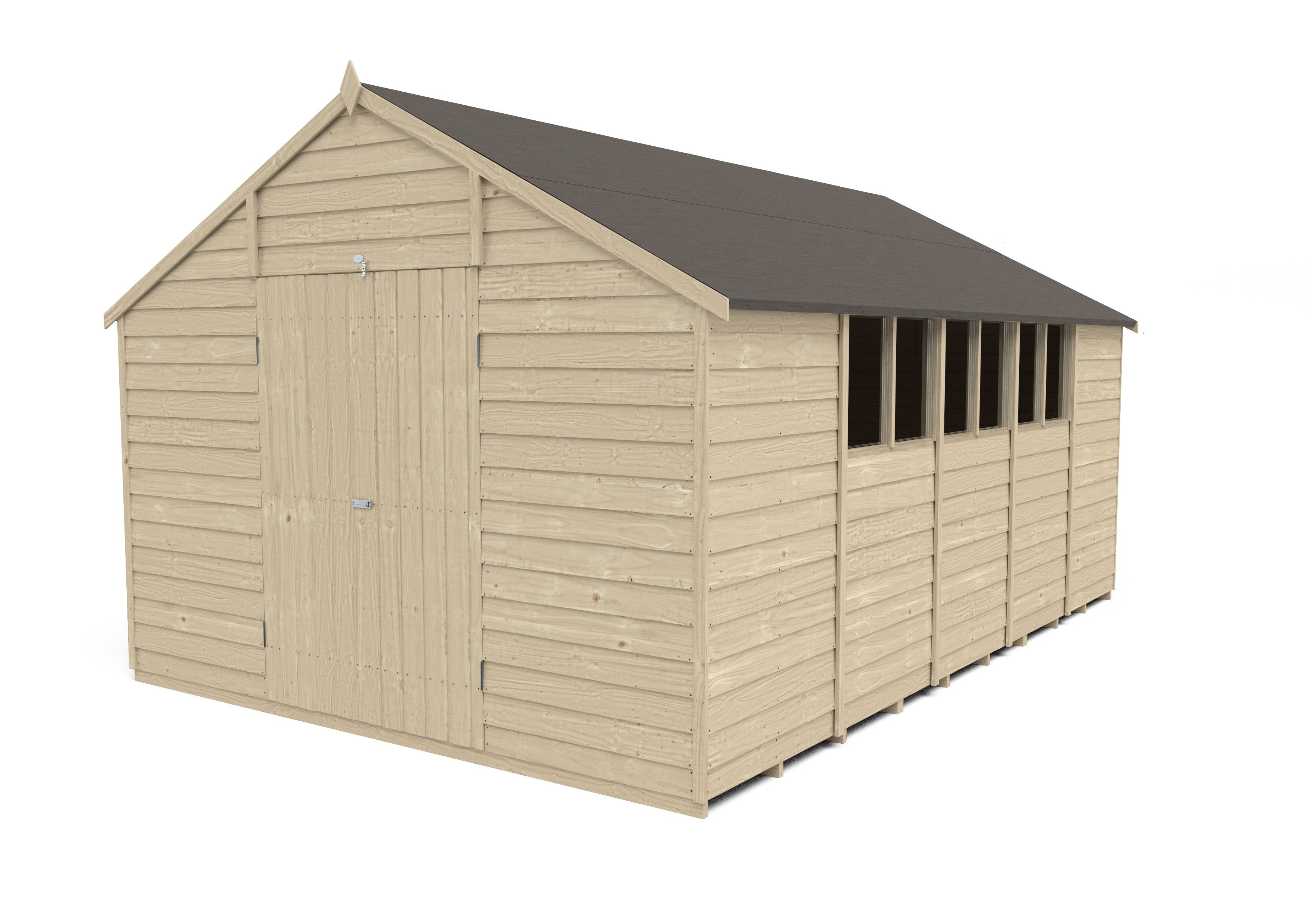 Forest Garden Overlap 10x15 ft Apex Wooden 2 door Shed with floor & 6 windows - Assembly service included