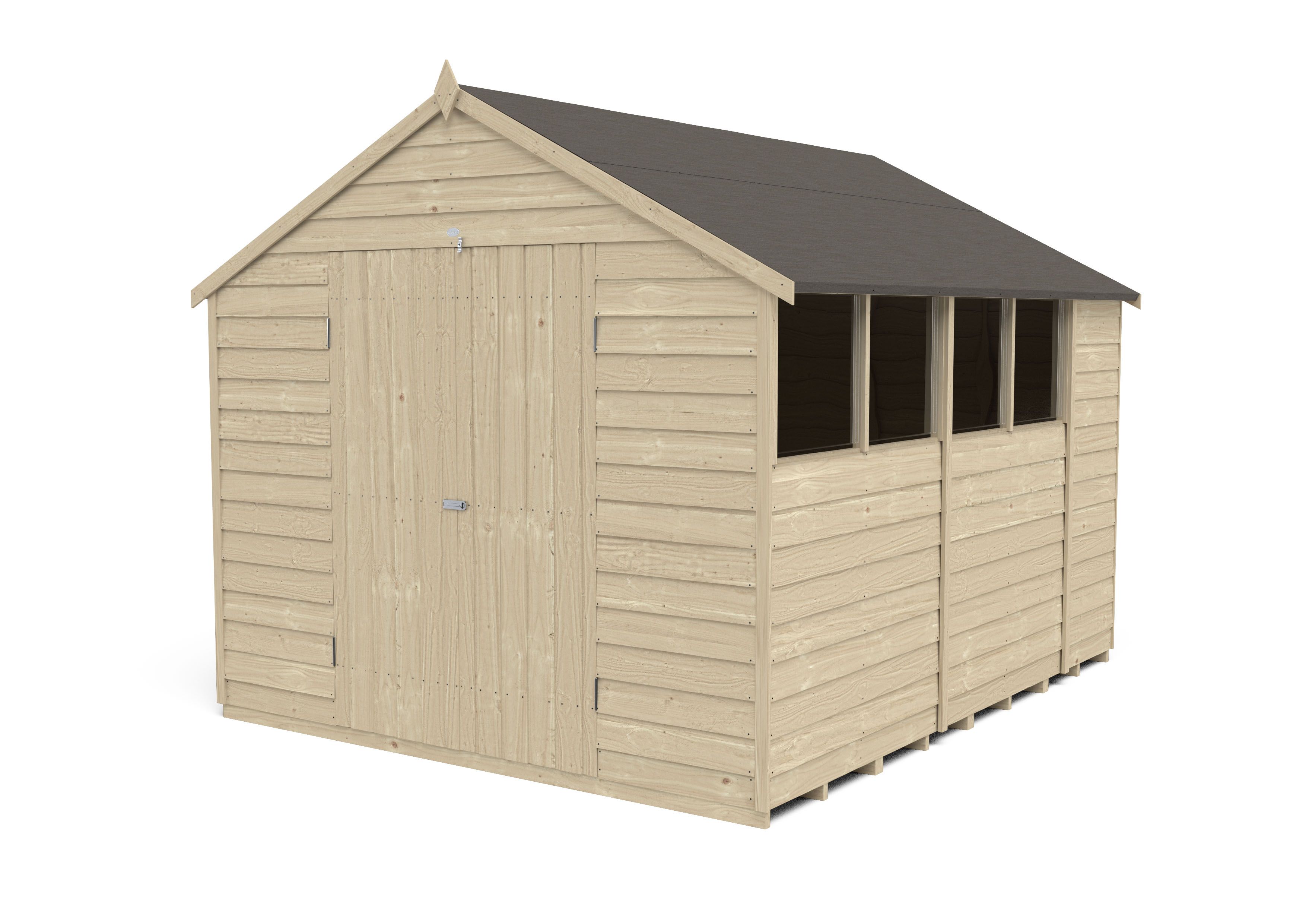Forest Garden Overlap 10x8 ft Apex Wooden 2 door Shed with floor & 4 windows - Assembly service included
