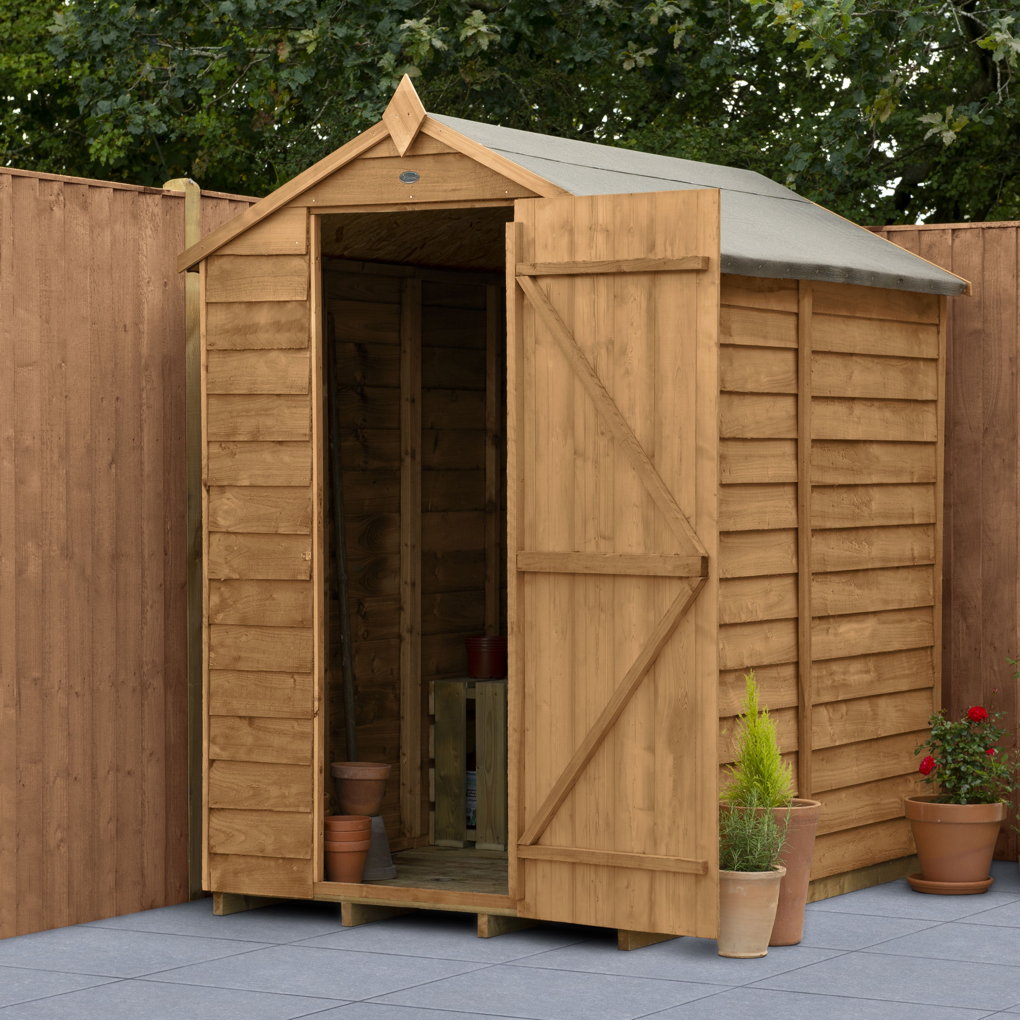 Forest Garden Overlap 6x4 ft Apex Wooden Dip treated Shed with floor (Base included) - Assembly service included
