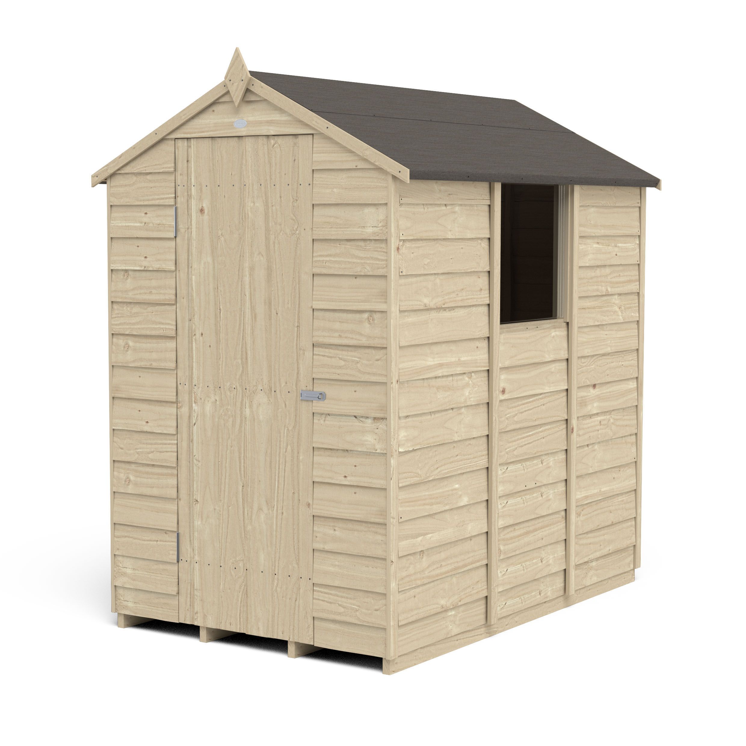 Forest Garden Overlap 6x4 ft Apex Wooden Pressure treated Shed with floor & 1 window (Base included) - Assembly service included