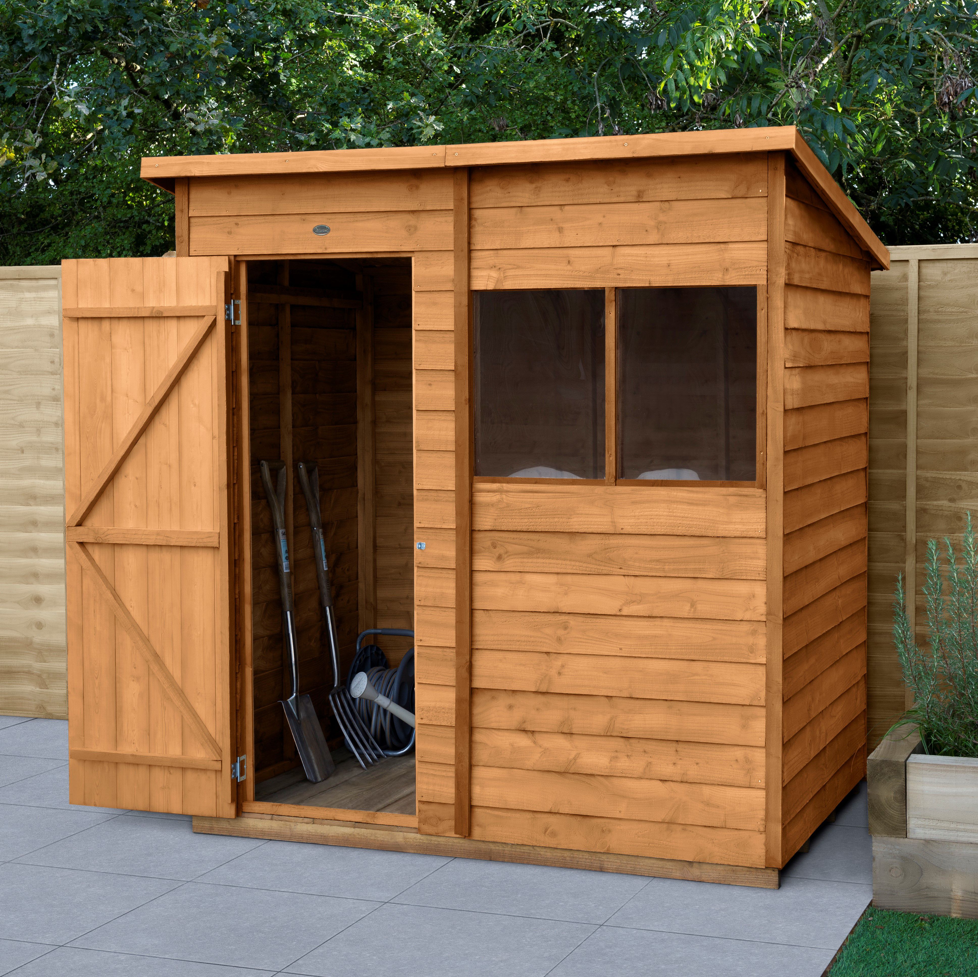 Forest Garden Overlap 6x4 ft Pent Wooden Dip treated Shed with floor & 2 windows - Assembly service included