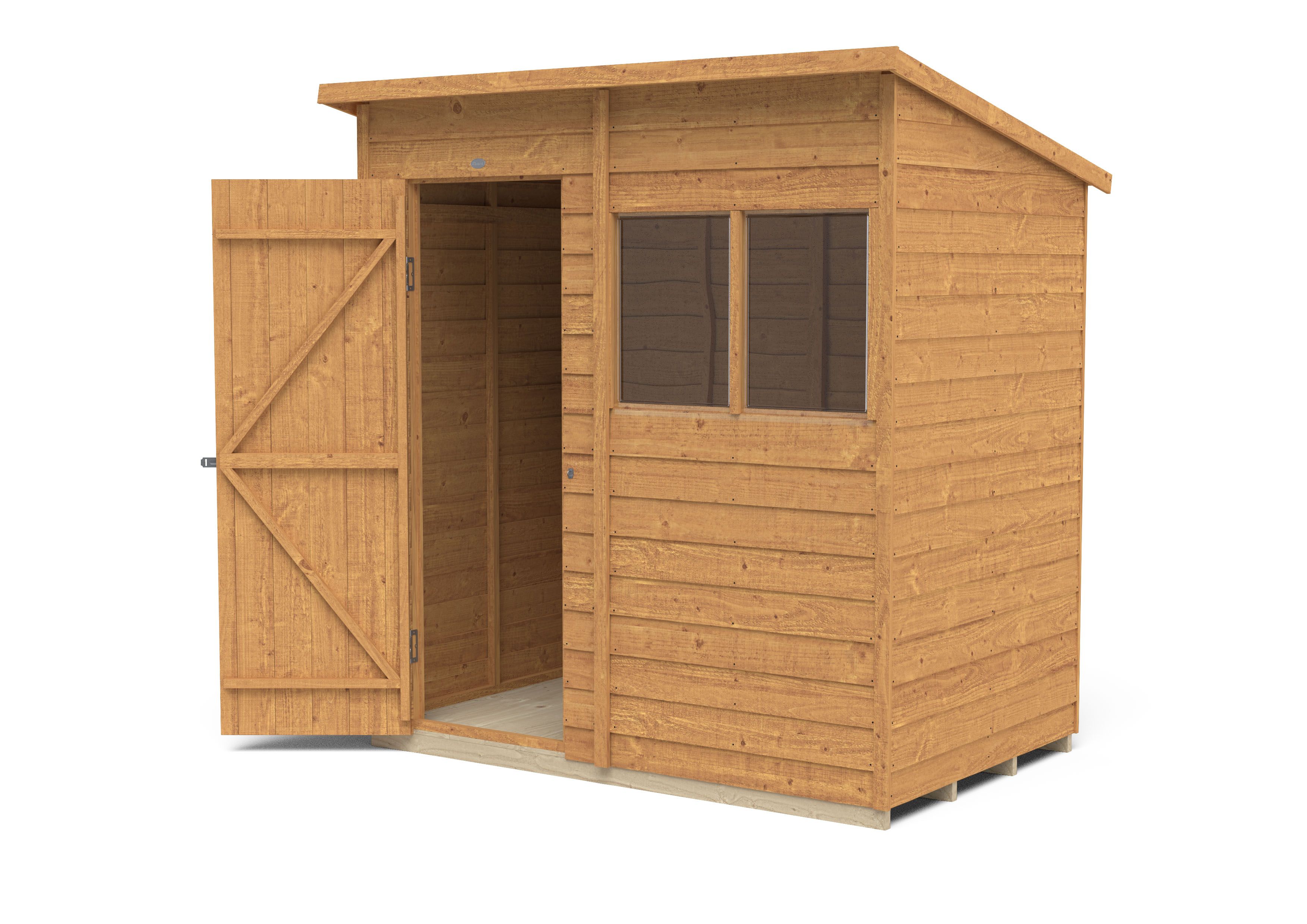 Forest Garden Overlap 6x4 ft Pent Wooden Dip treated Shed with floor & 2 windows (Base included) - Assembly service included