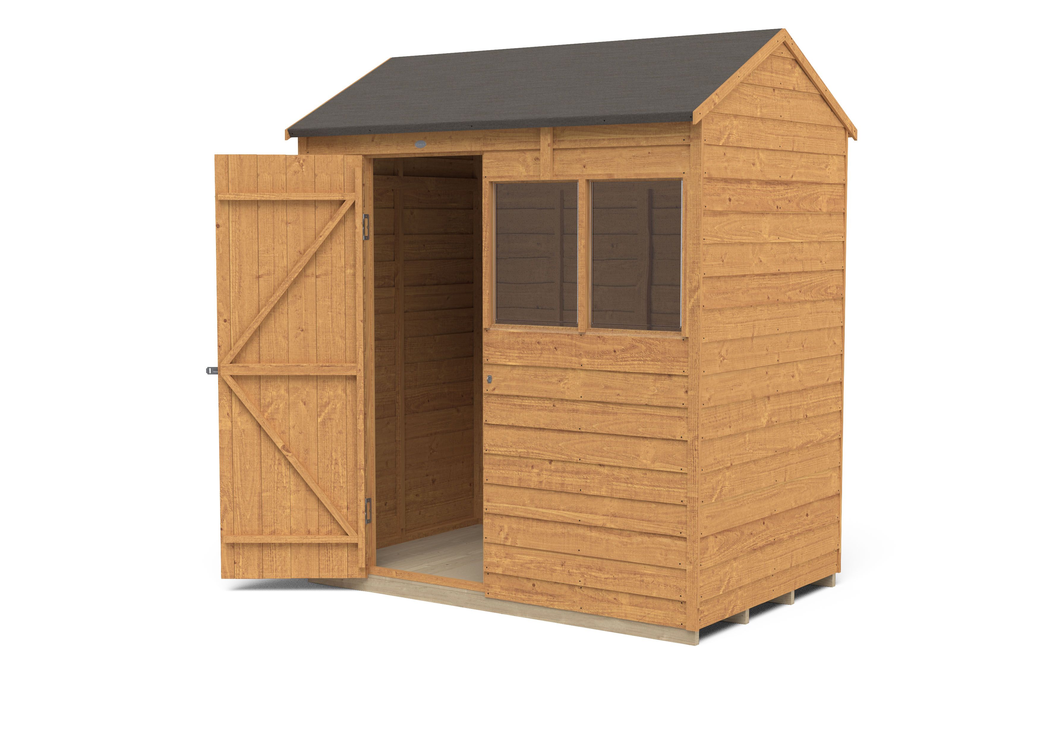 Forest Garden Overlap 6x4 ft Reverse apex Wooden Dip treated Shed with floor & 2 windows (Base included) - Assembly service included