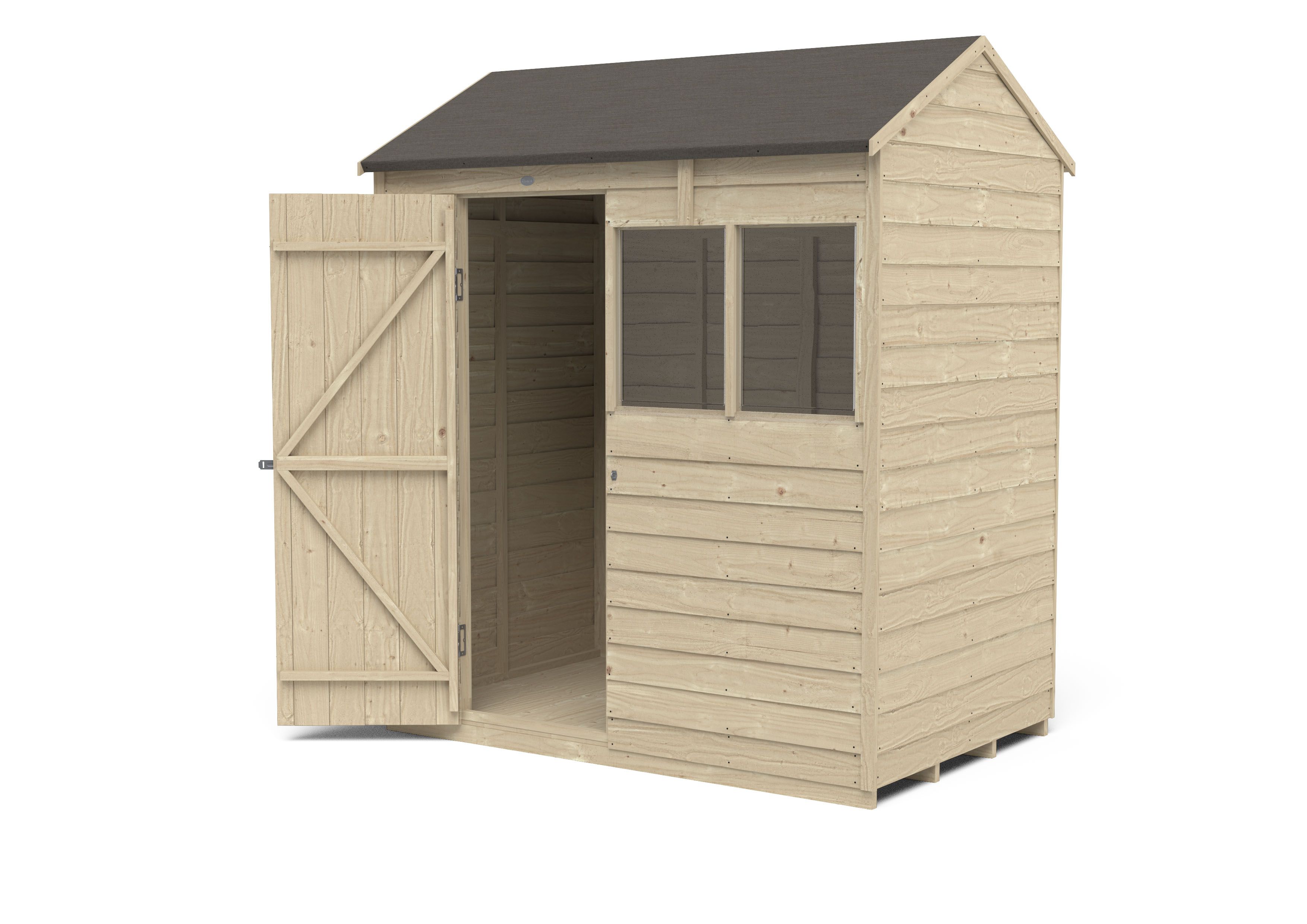 Forest Garden Overlap 6x4 ft Reverse apex Wooden Pressure treated Shed with floor & 2 windows (Base included)
