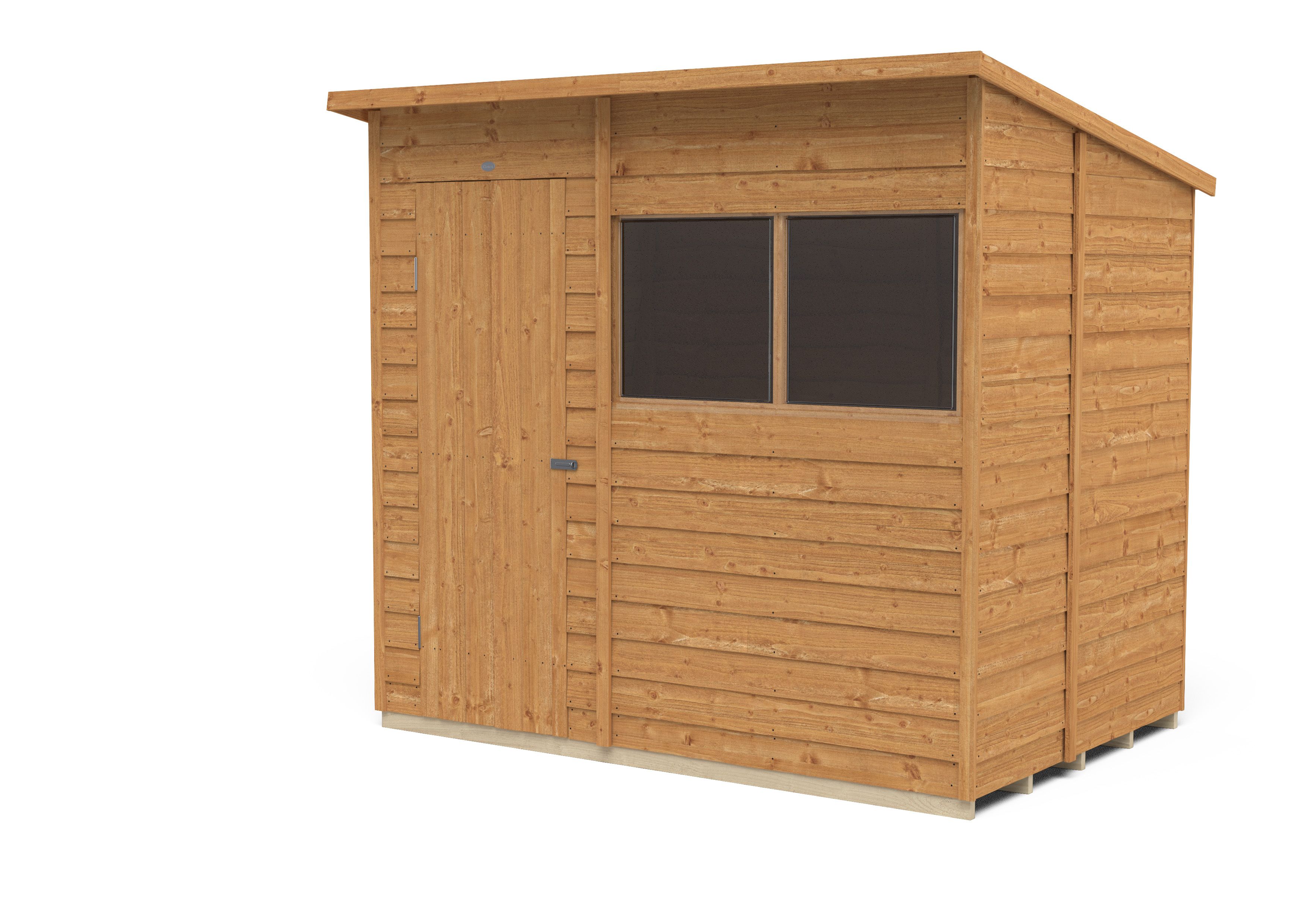 Forest Garden Overlap 7x5 ft Pent Wooden Dip treated Shed with floor & 2 windows (Base included) - Assembly service included