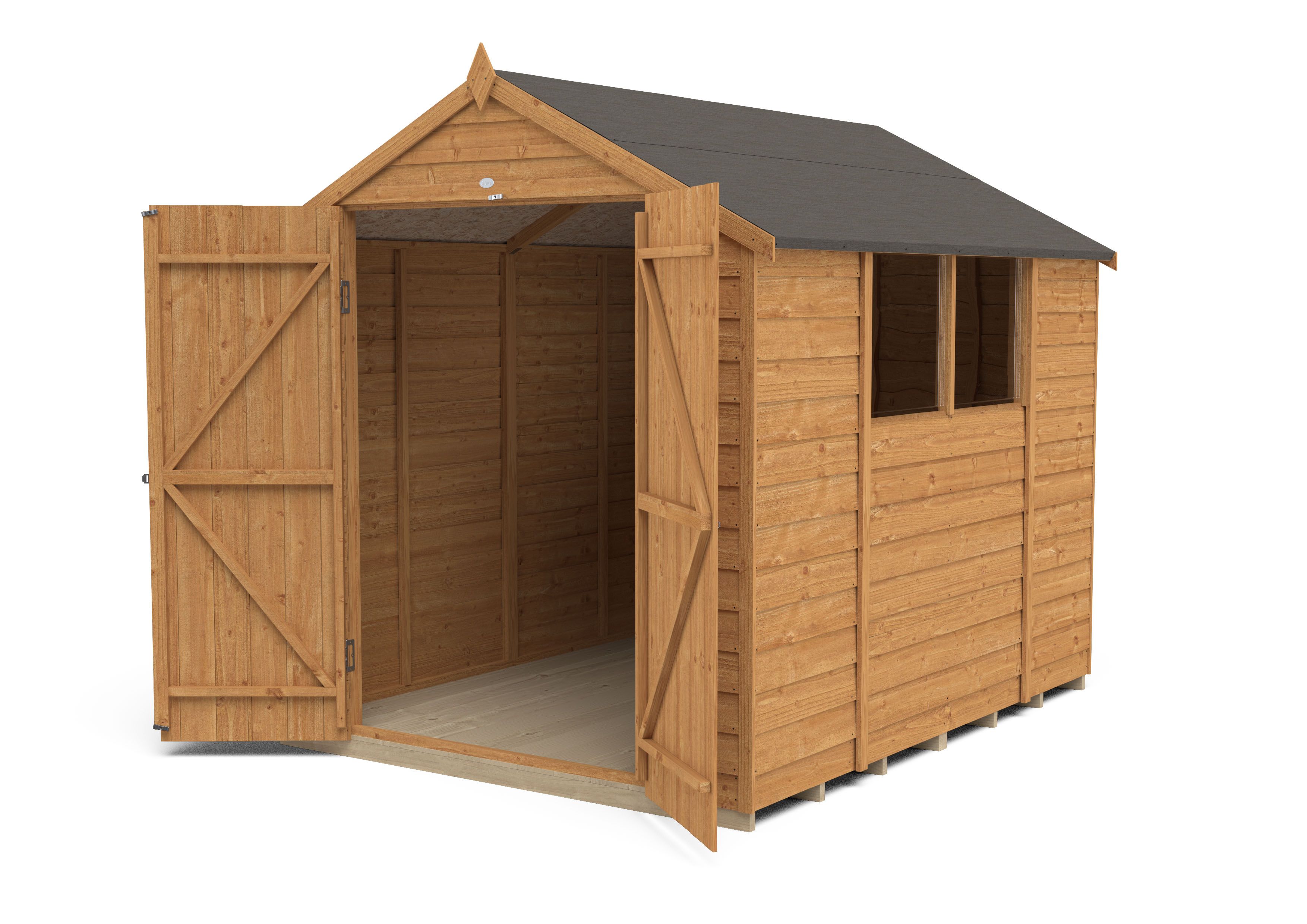 Forest Garden Overlap 8x6 ft Apex Wooden Dip treated 2 door Shed with floor & 2 windows (Base included)