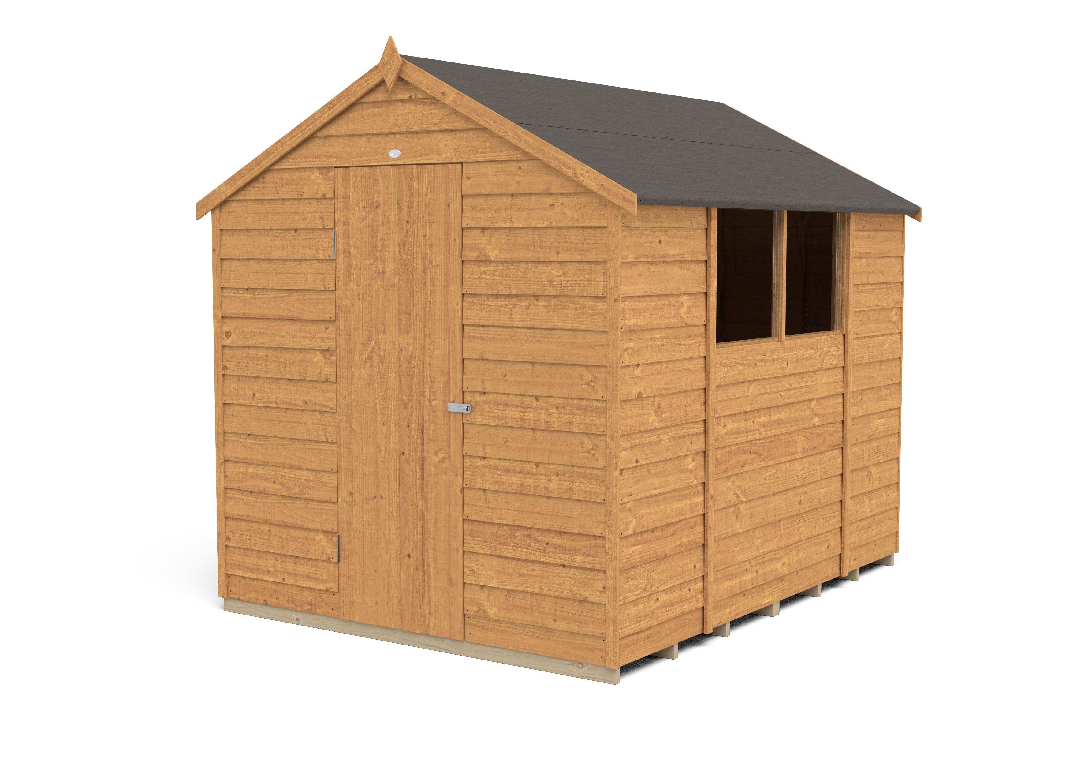 Forest Garden Overlap 8x6 ft Apex Wooden Dip treated Shed with floor & 2 windows (Base included)