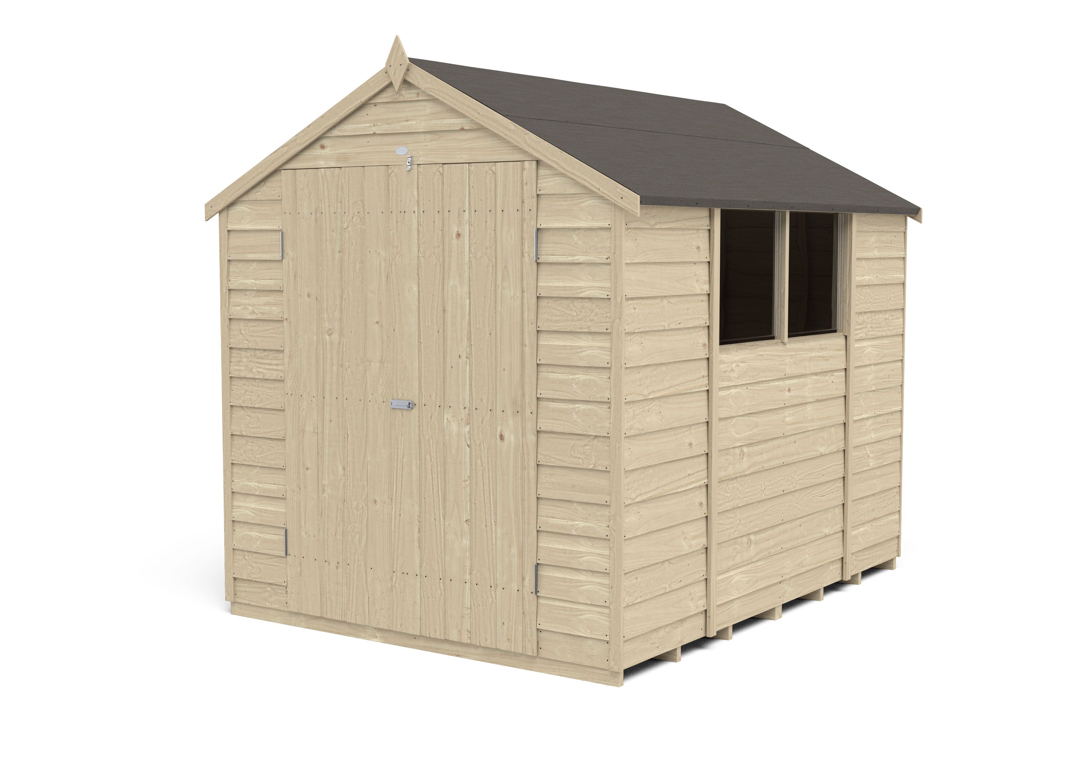 Forest Garden Overlap 8x6 ft Apex Wooden Pressure treated 2 door Shed with floor & 2 windows (Base included) - Assembly service included