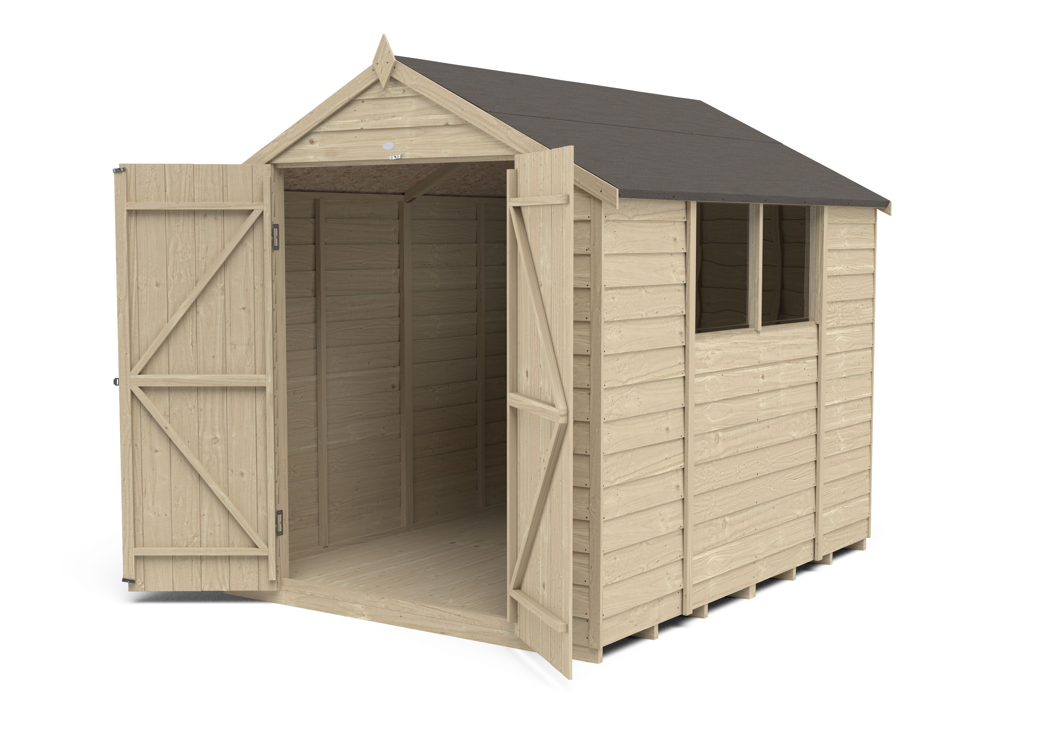Forest Garden Overlap 8x6 ft Apex Wooden Pressure treated 2 door Shed with floor & 2 windows (Base included)