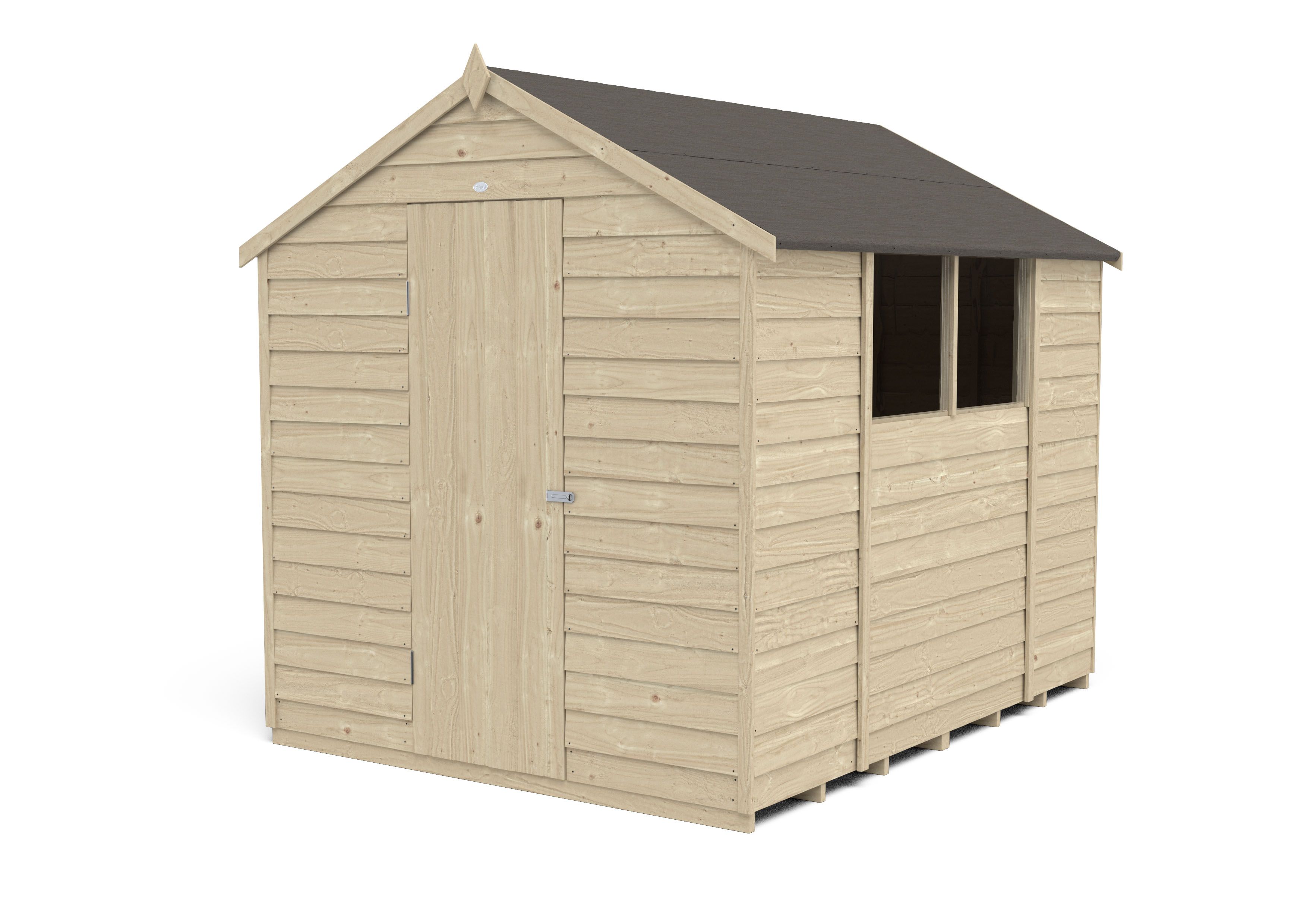 Forest Garden Overlap 8x6 ft Apex Wooden Pressure treated Shed with floor & 2 windows (Base included) - Assembly service included